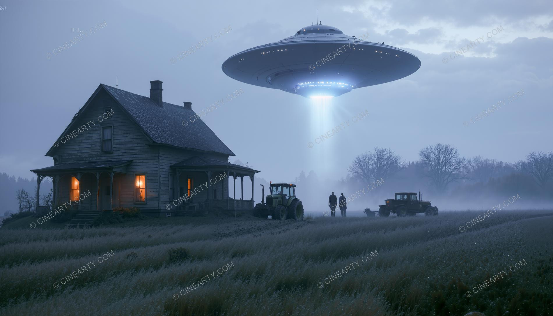 Flying Saucer over a Farmhouse in Mist 18517