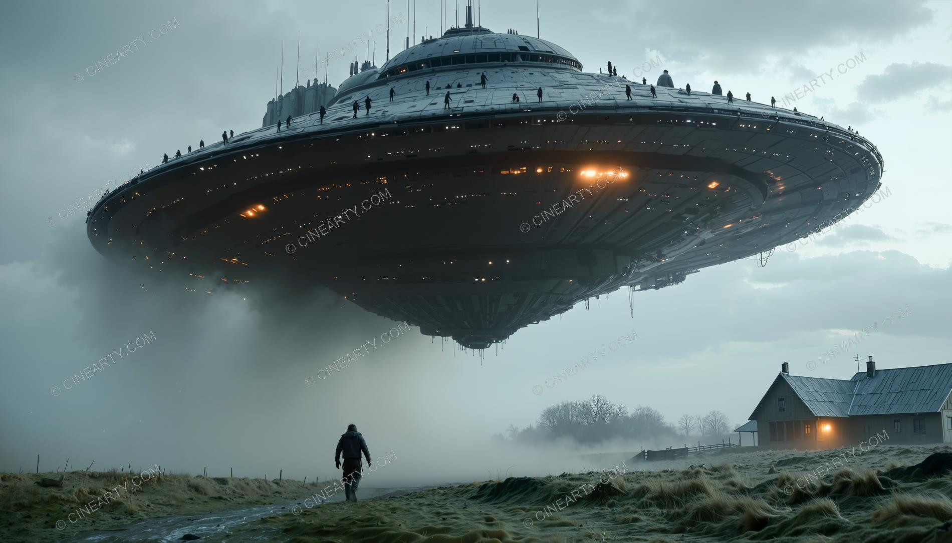 Flying Saucer over a Farmhouse in Mist 95525