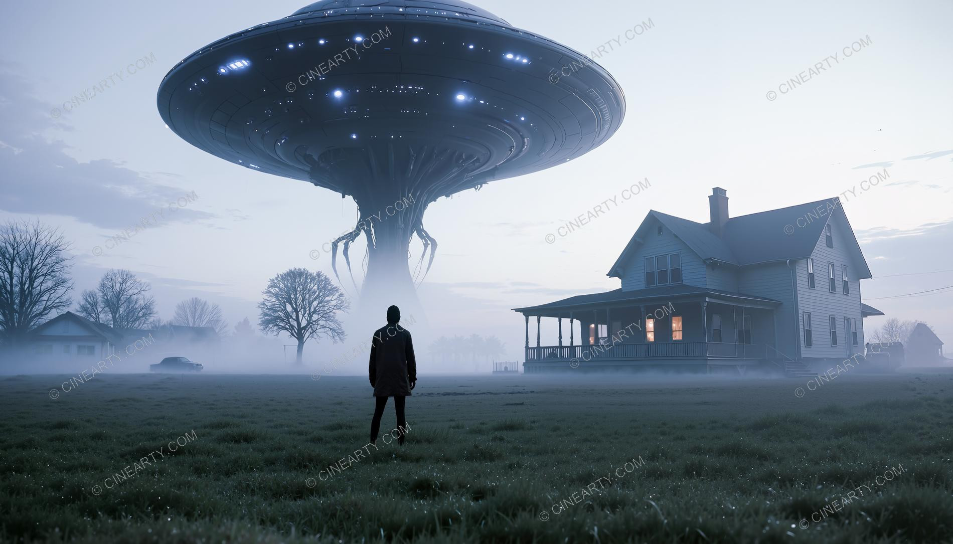 Flying Saucer over a Farmhouse in Mist 40250