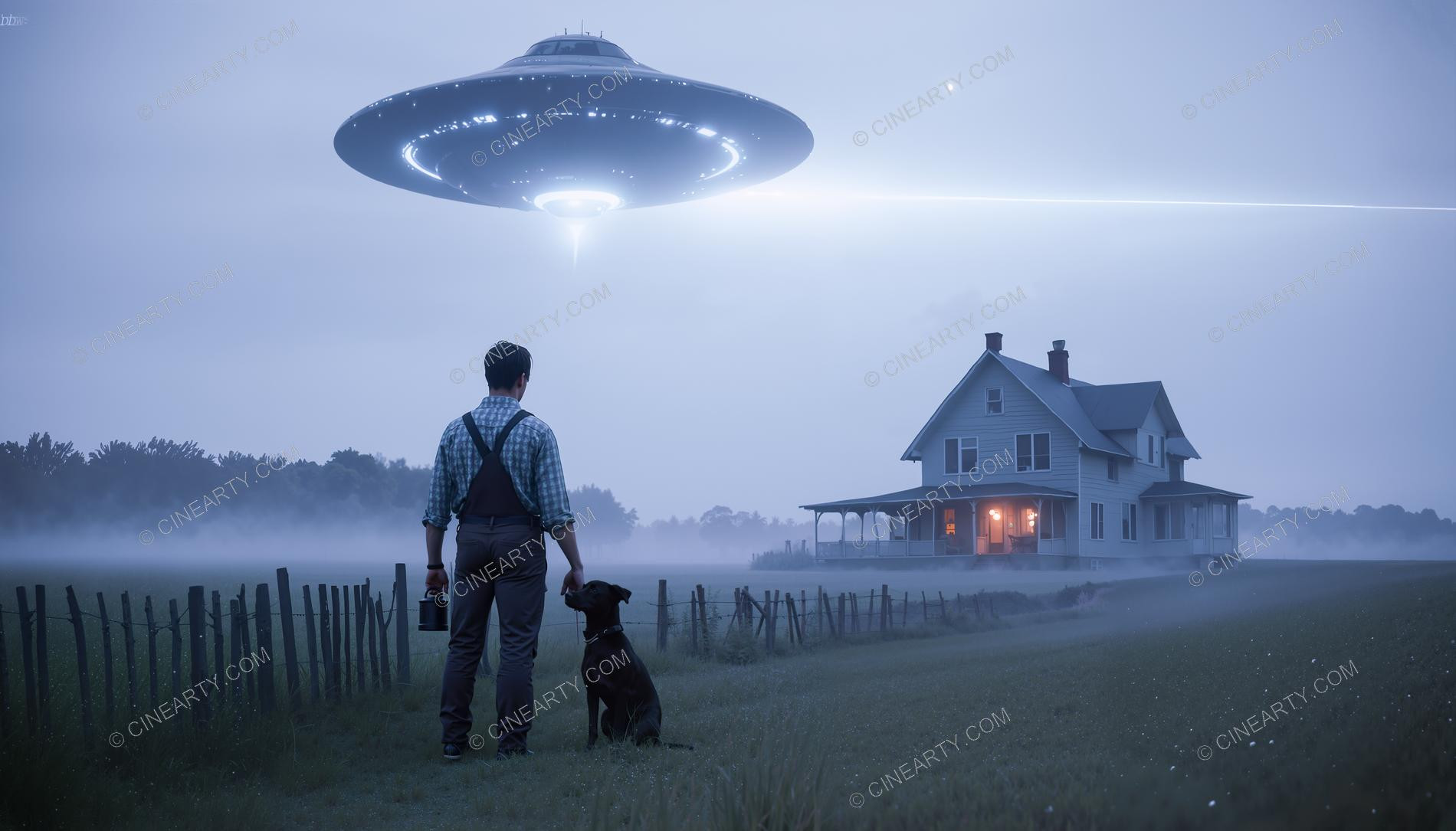 Flying Saucer over a Farmhouse in Mist 61478