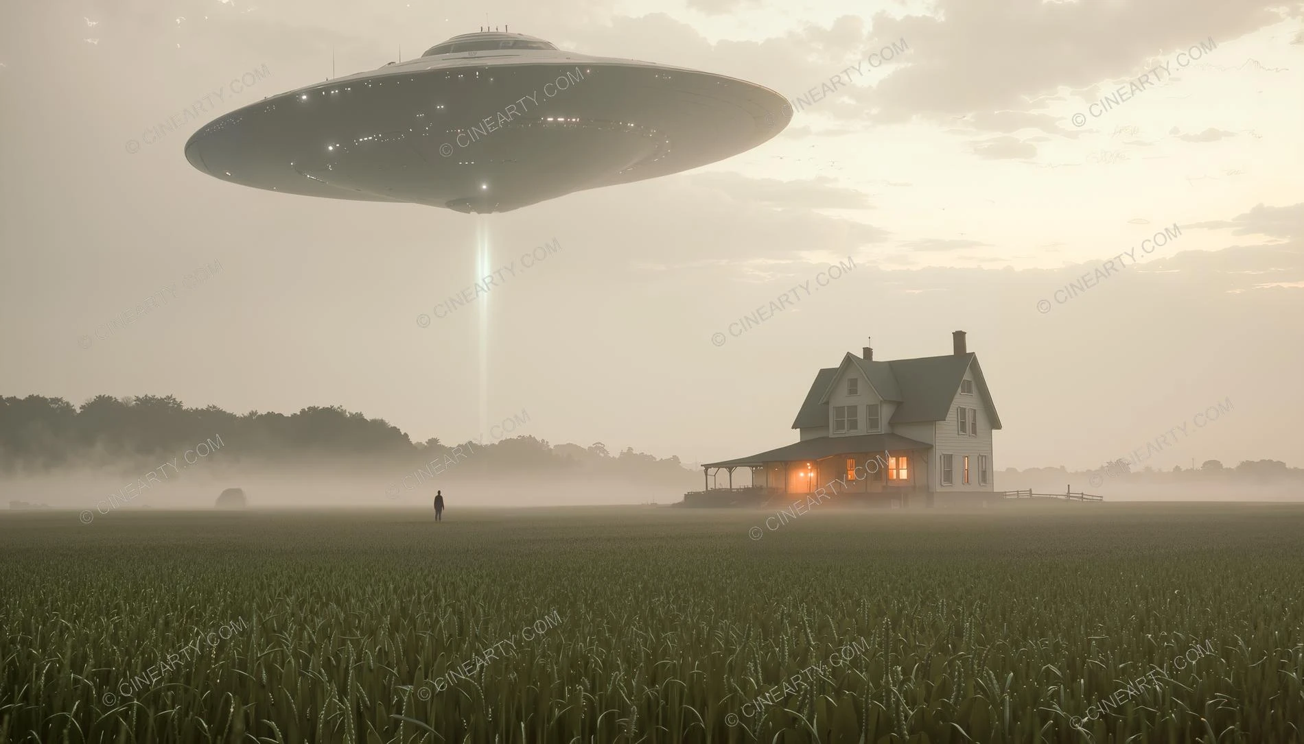Flying Saucer over a Farmhouse in Mist 74825
