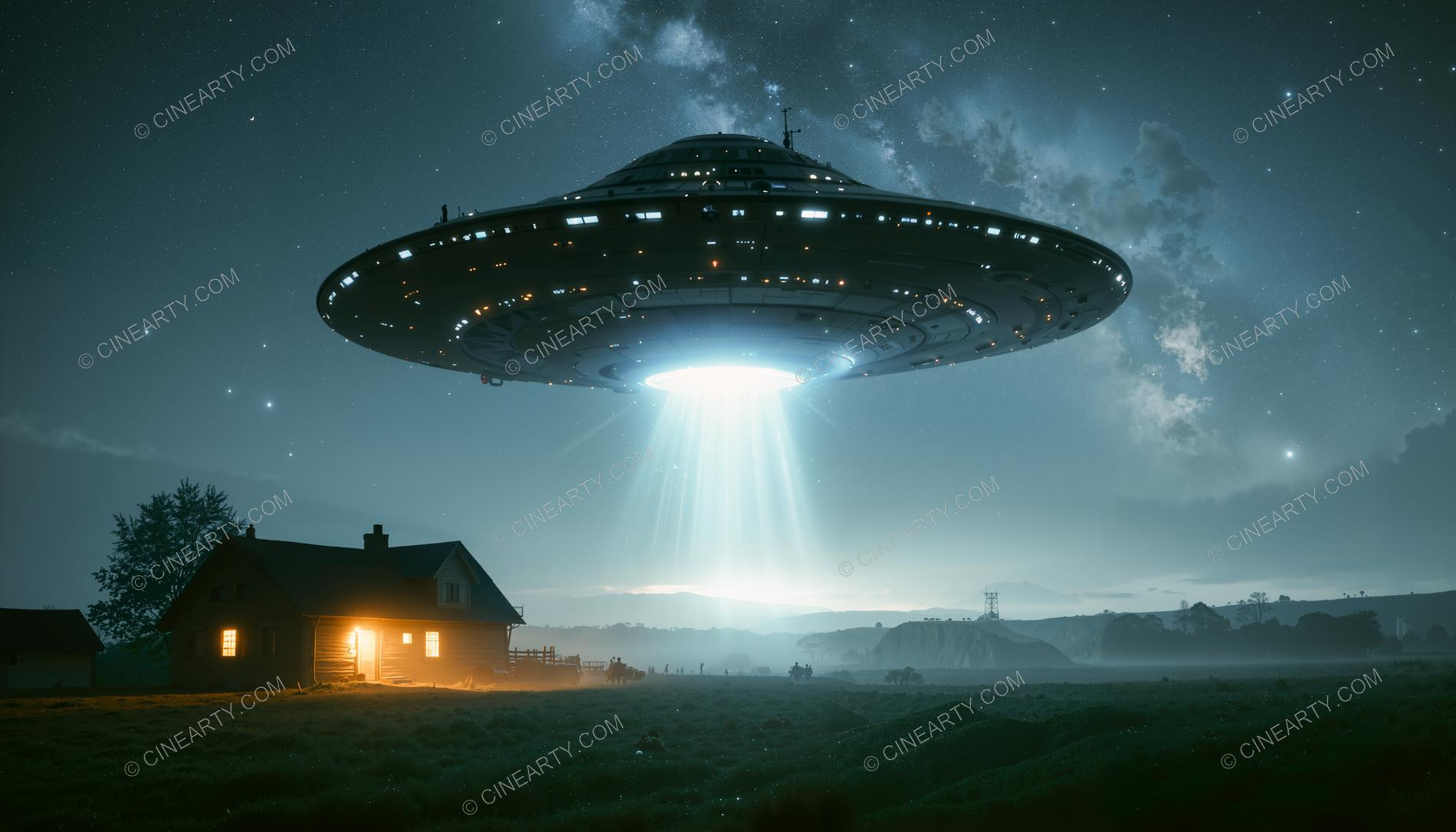 Flying Saucer over a Farmhouse in Mist 02356
