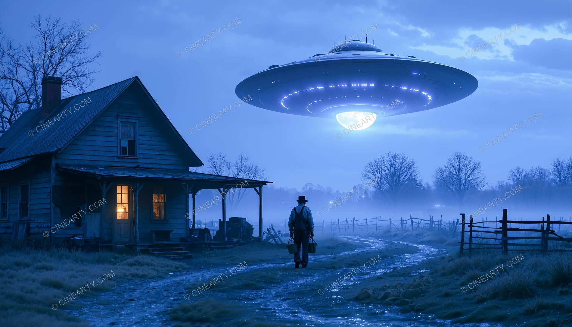 Flying Saucer over a Farmhouse in Mist 25793