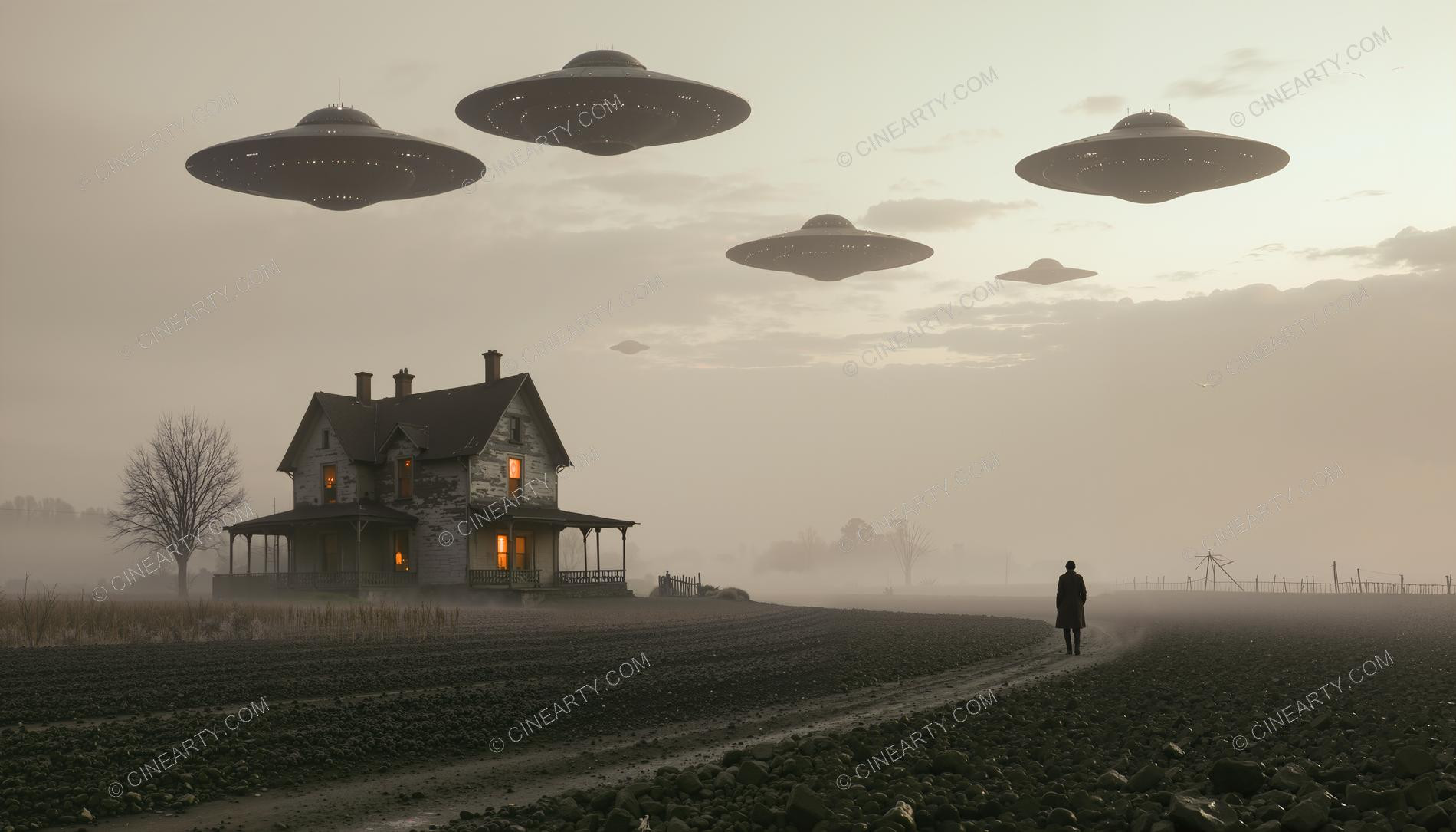 Flying Saucer over a Farmhouse in Mist 73346