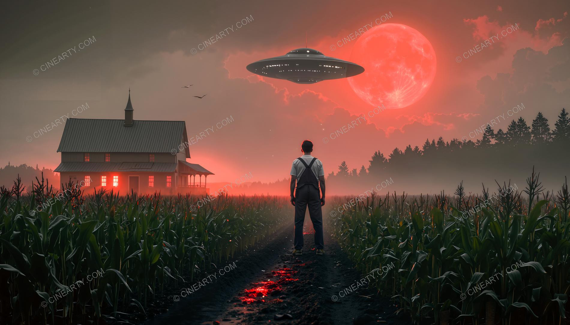 Flying Saucer over a Farmhouse in Mist 18743