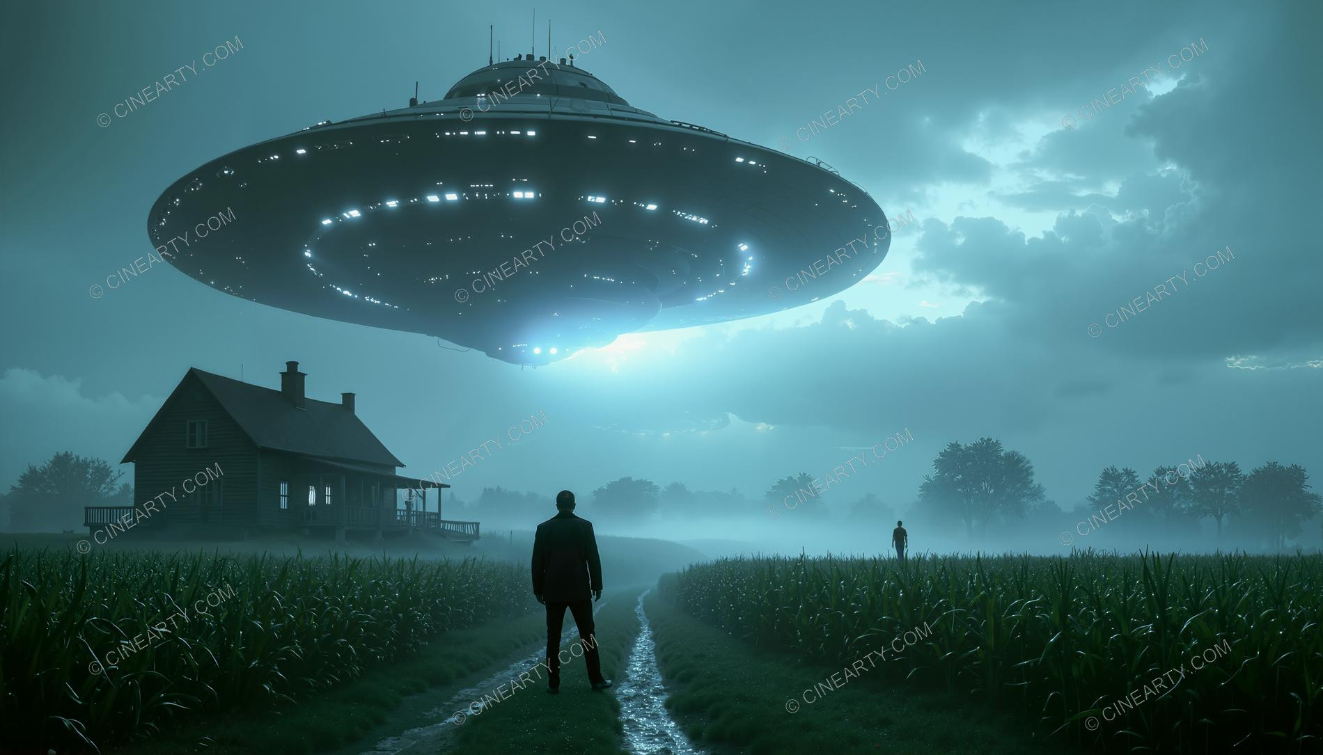 Flying Saucer over a Farmhouse in Mist 23421