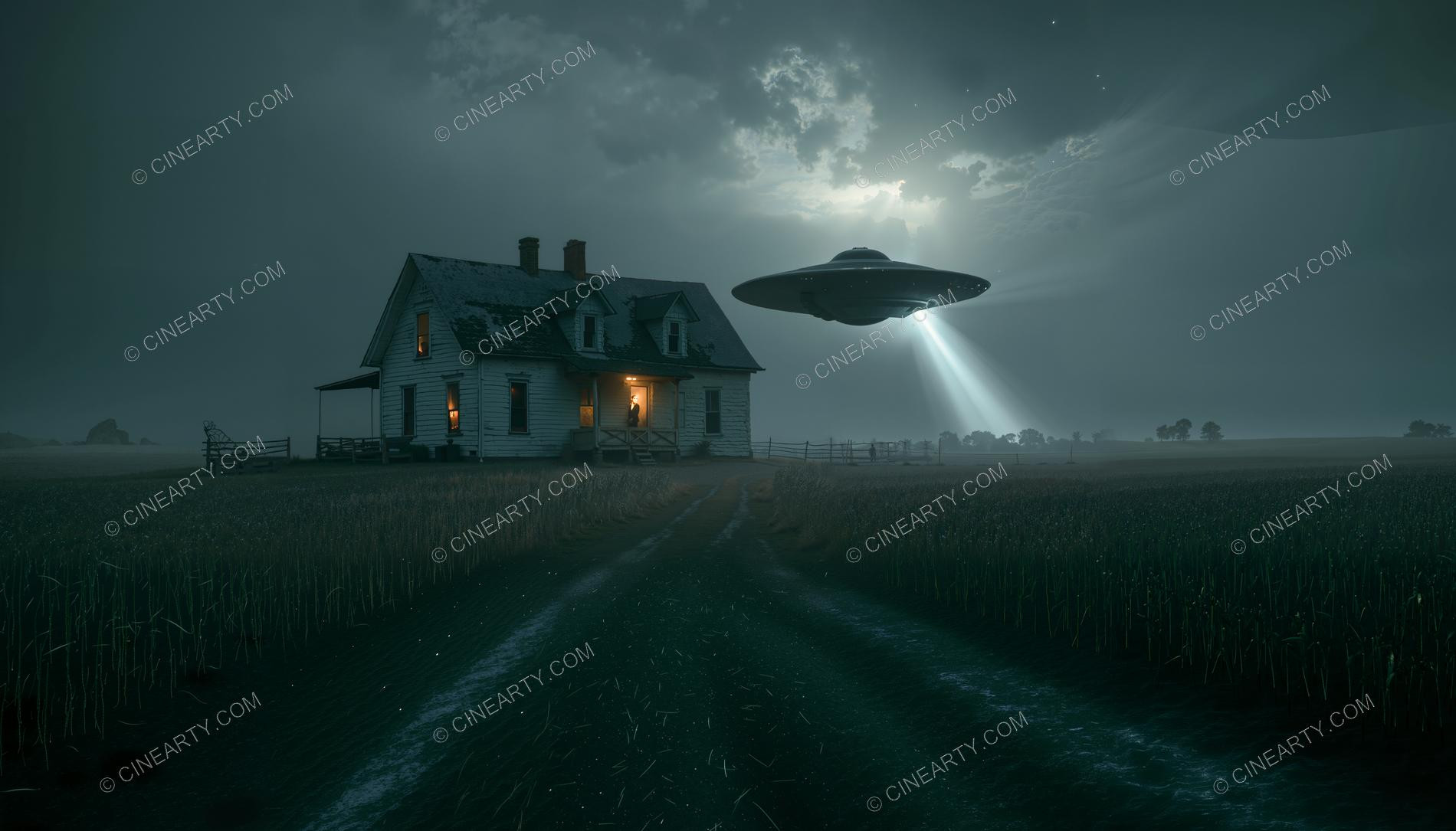 Flying Saucer over a Farmhouse in Mist 29149