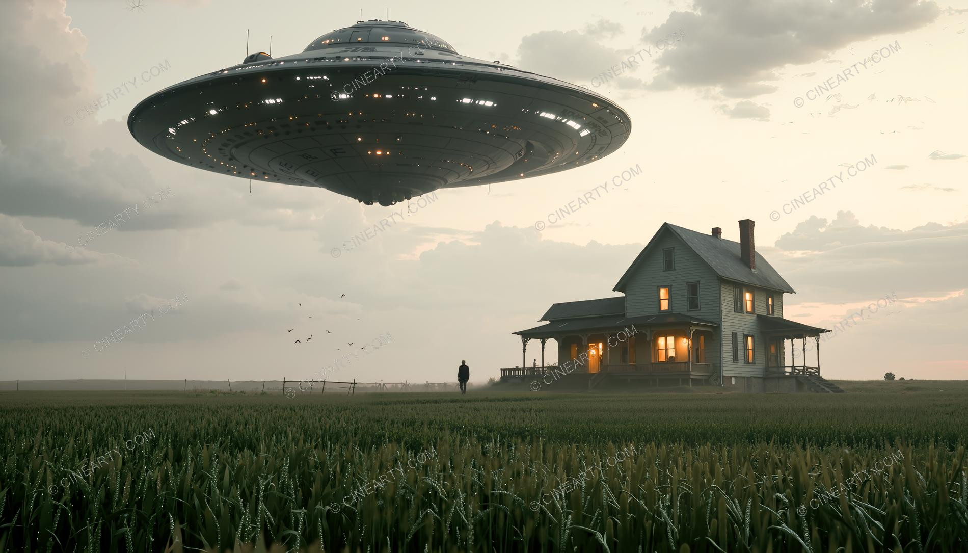Flying Saucer over a Farmhouse in Mist 50526