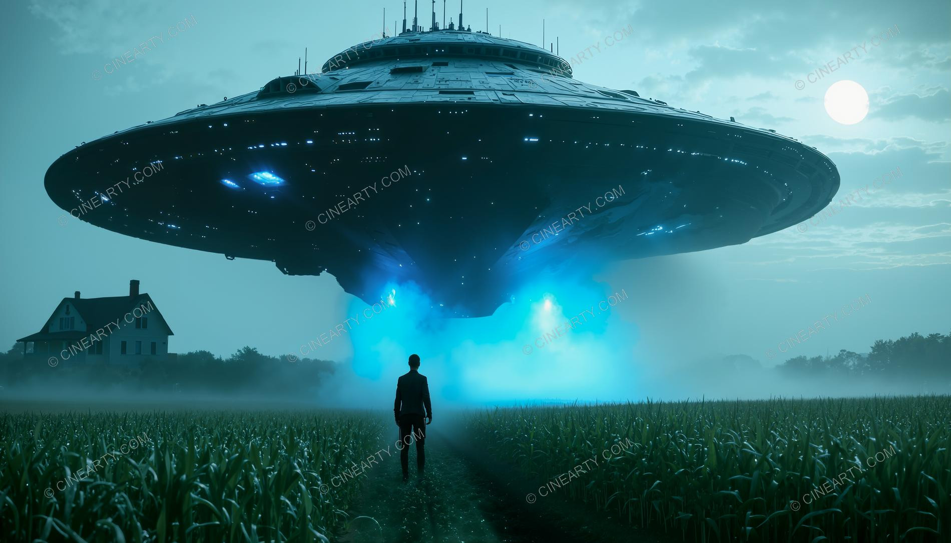 Flying Saucer over a Farmhouse in Mist 26771