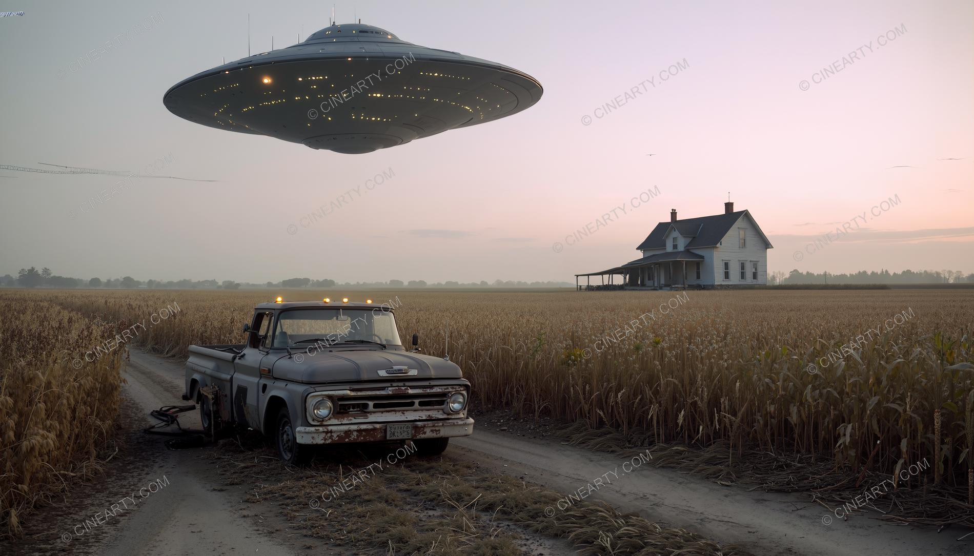 Flying Saucer over a Farmhouse in Mist 01247