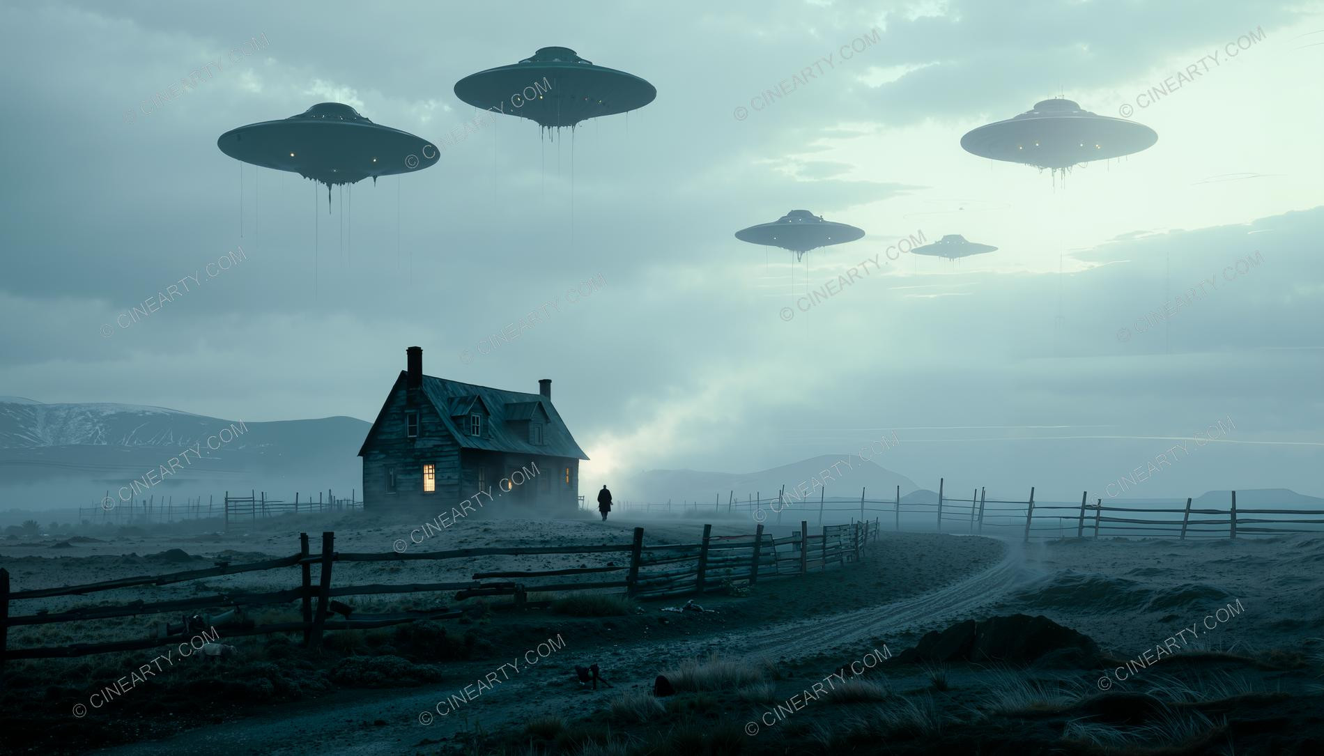 Flying Saucer over a Farmhouse in Mist 78109