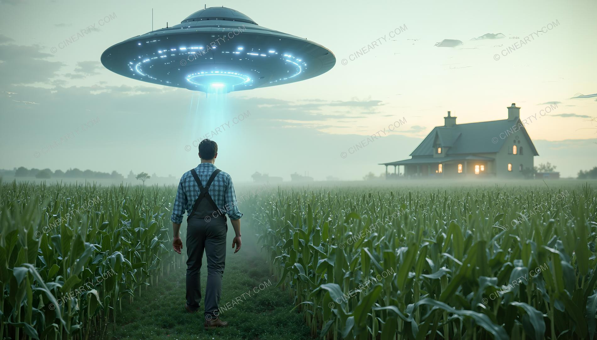 Flying Saucer over a Farmhouse in Mist 65629