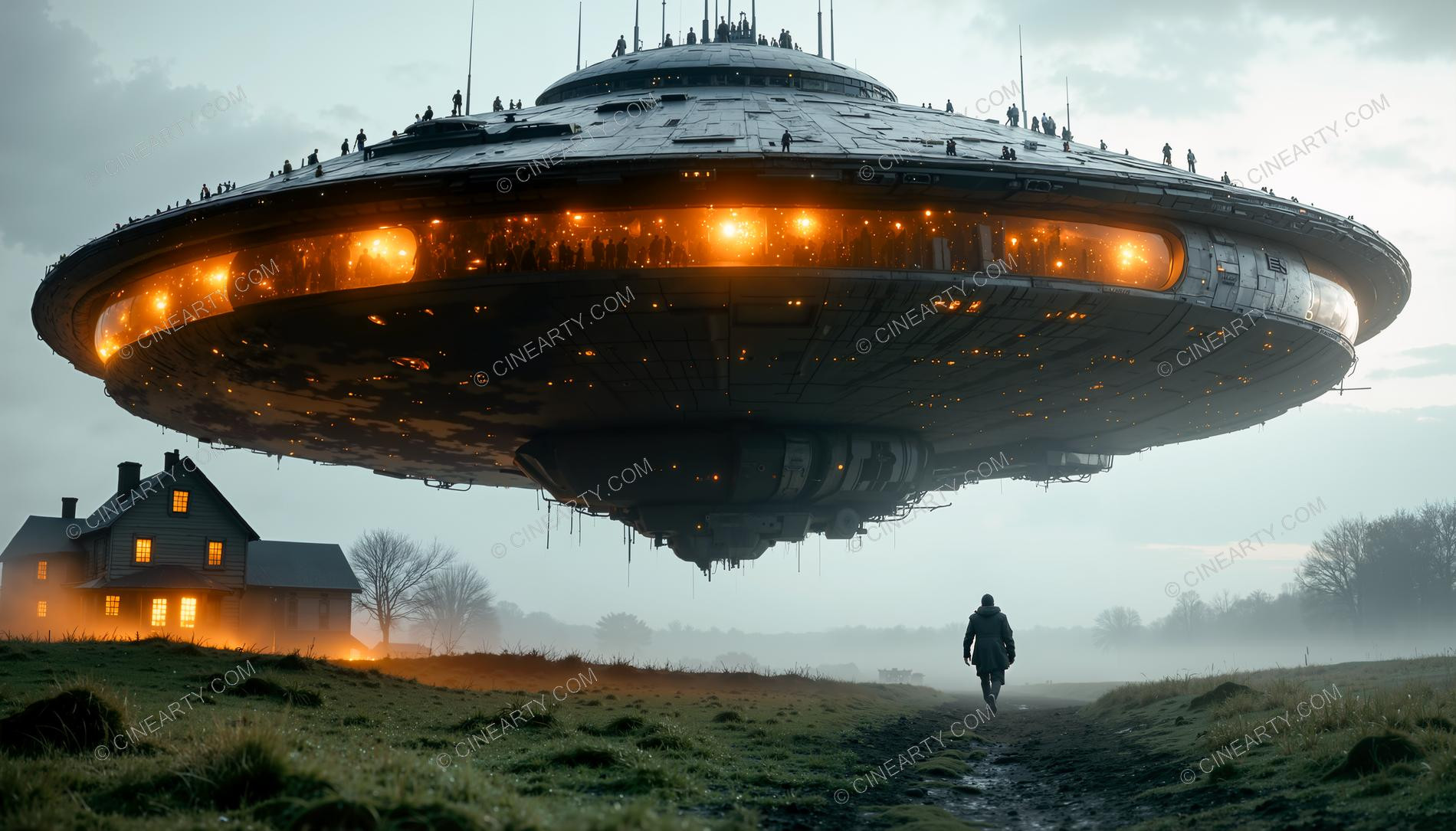 Flying Saucer over a Farmhouse in Mist 07869