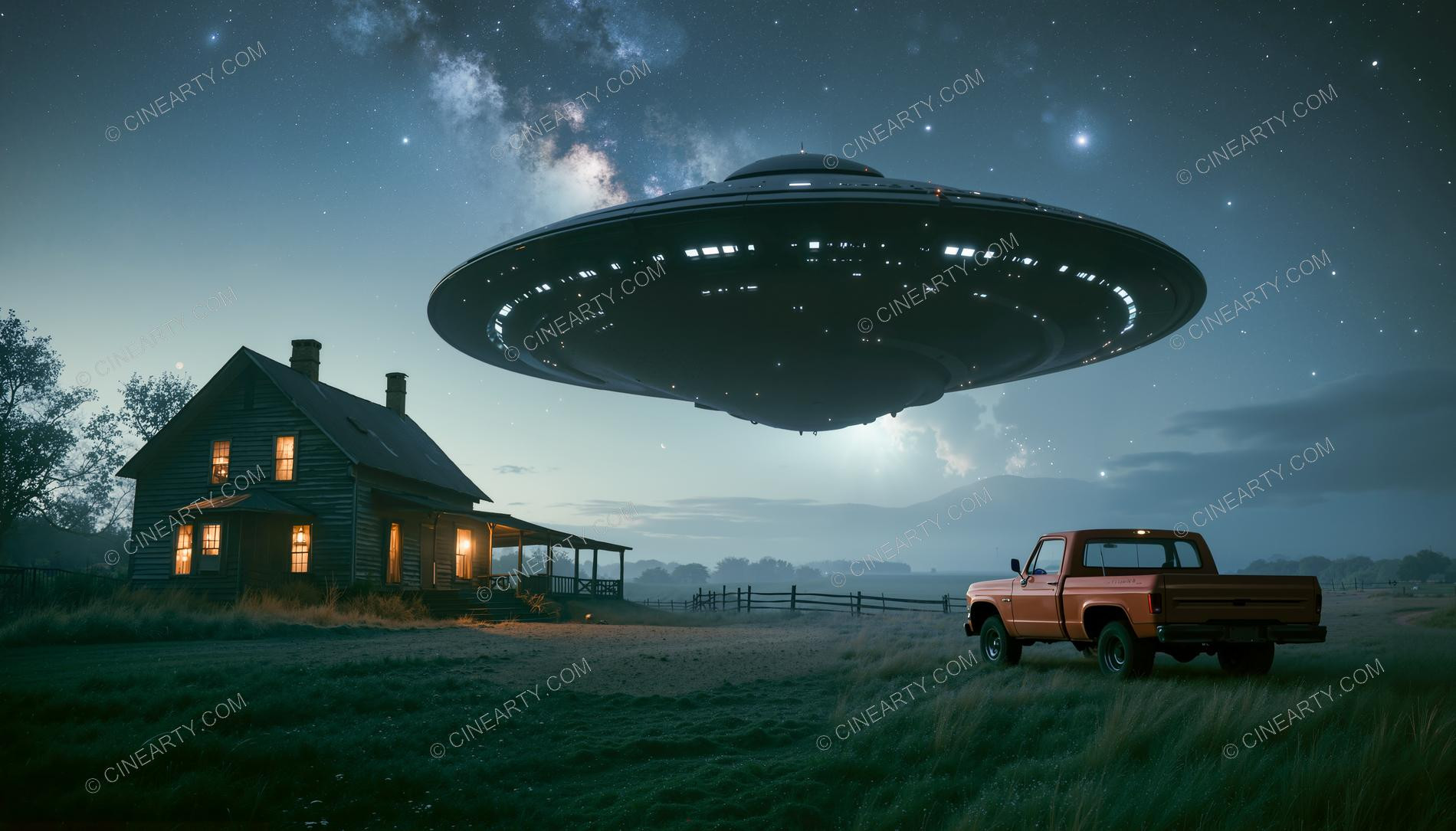 Flying Saucer over a Farmhouse in Mist 52987