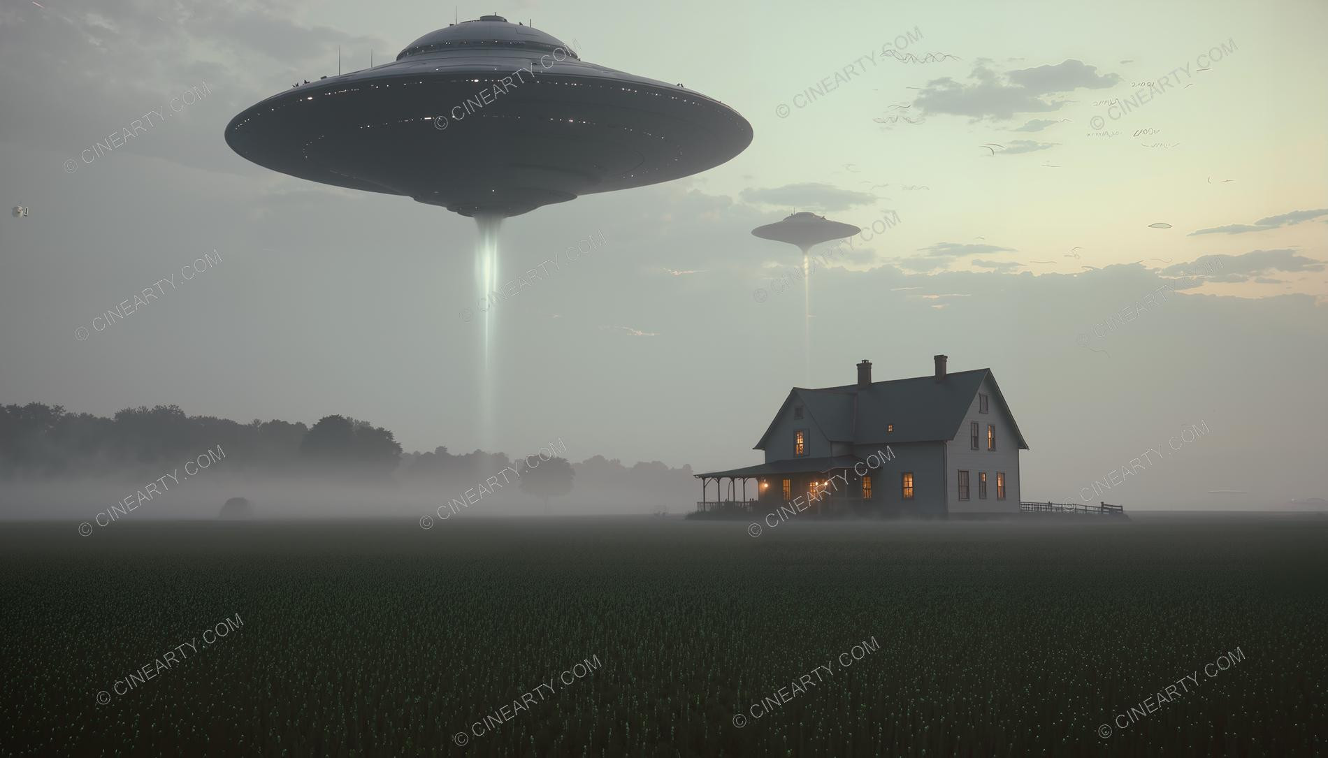 Flying Saucer over a Farmhouse in Mist 16850