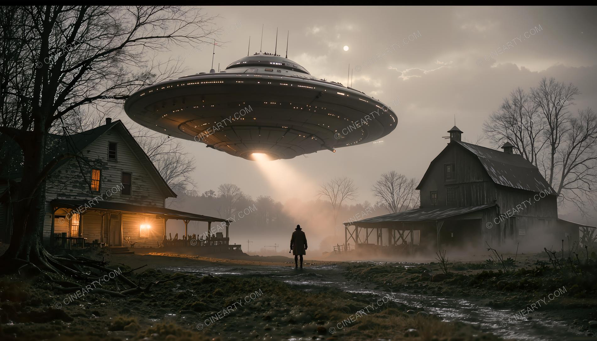Flying Saucer over a Farmhouse in Mist 30132