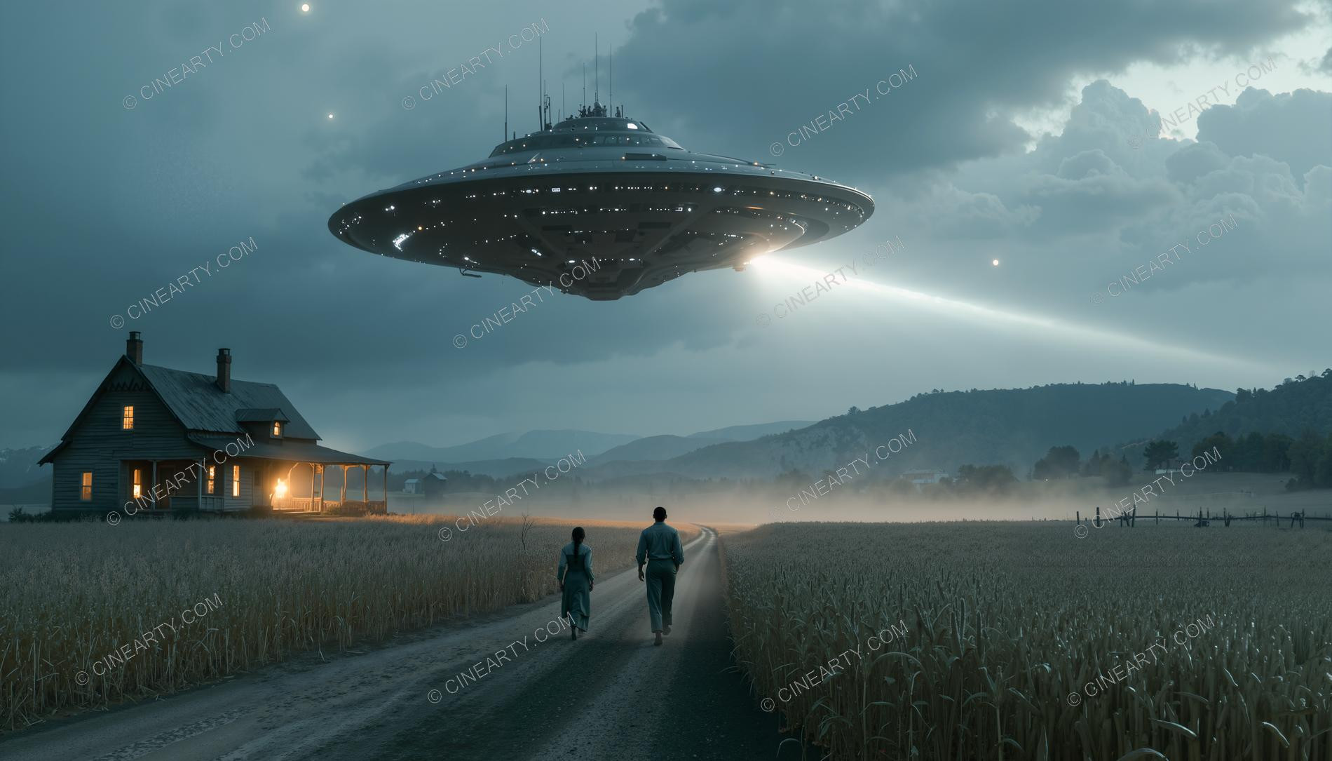 Flying Saucer over a Farmhouse in Mist 77931