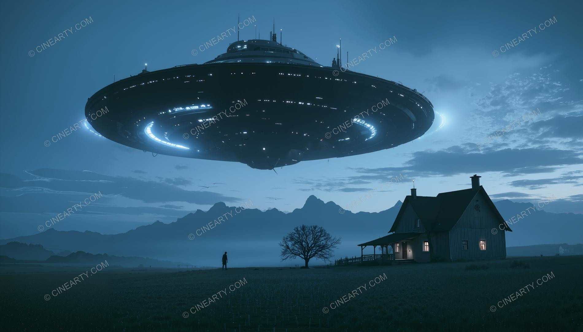 Flying Saucer over a Farmhouse in Mist 73345