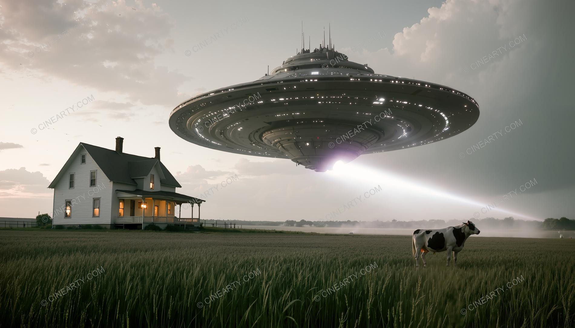 Flying Saucer over a Farmhouse in Mist 71410