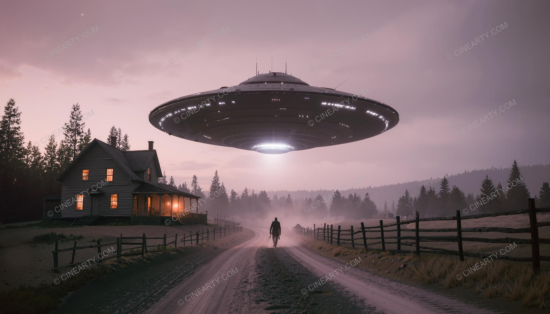 Flying Saucer over a Farmhouse in Mist 83667