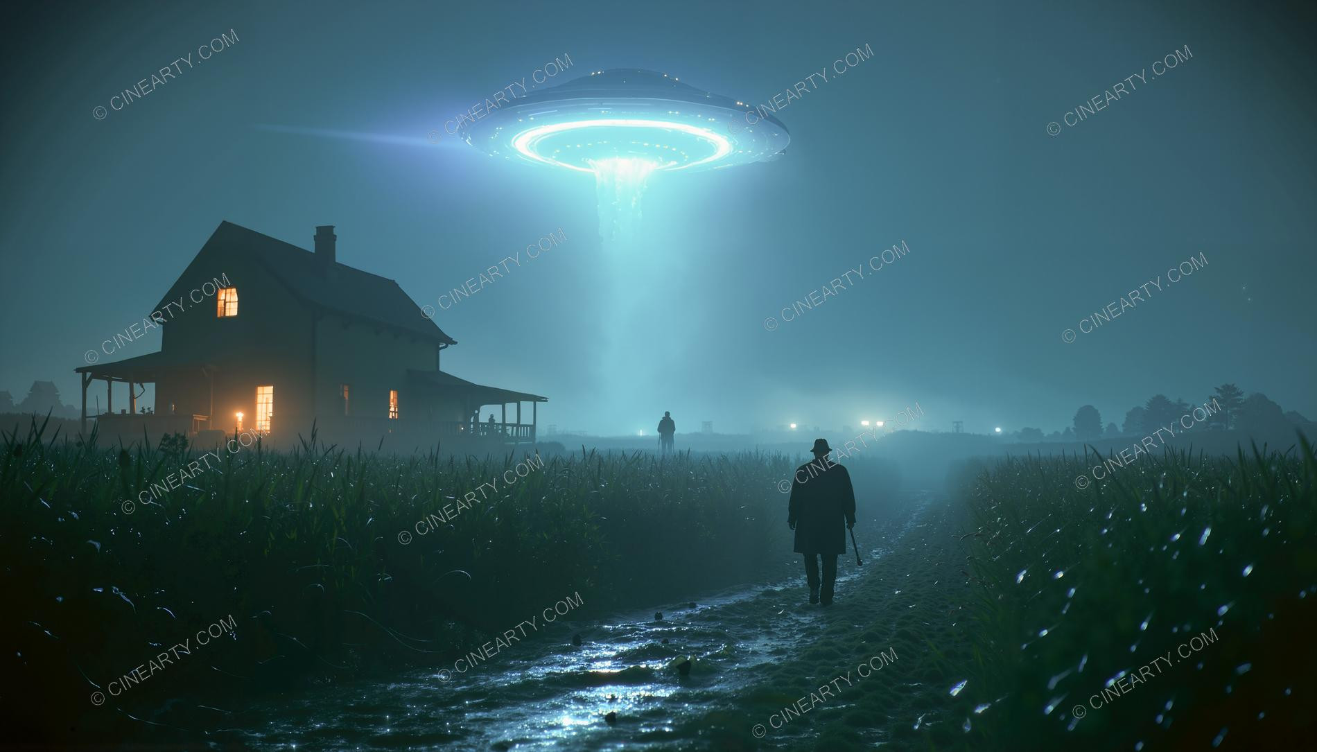 Flying Saucer over a Farmhouse in Mist 94678