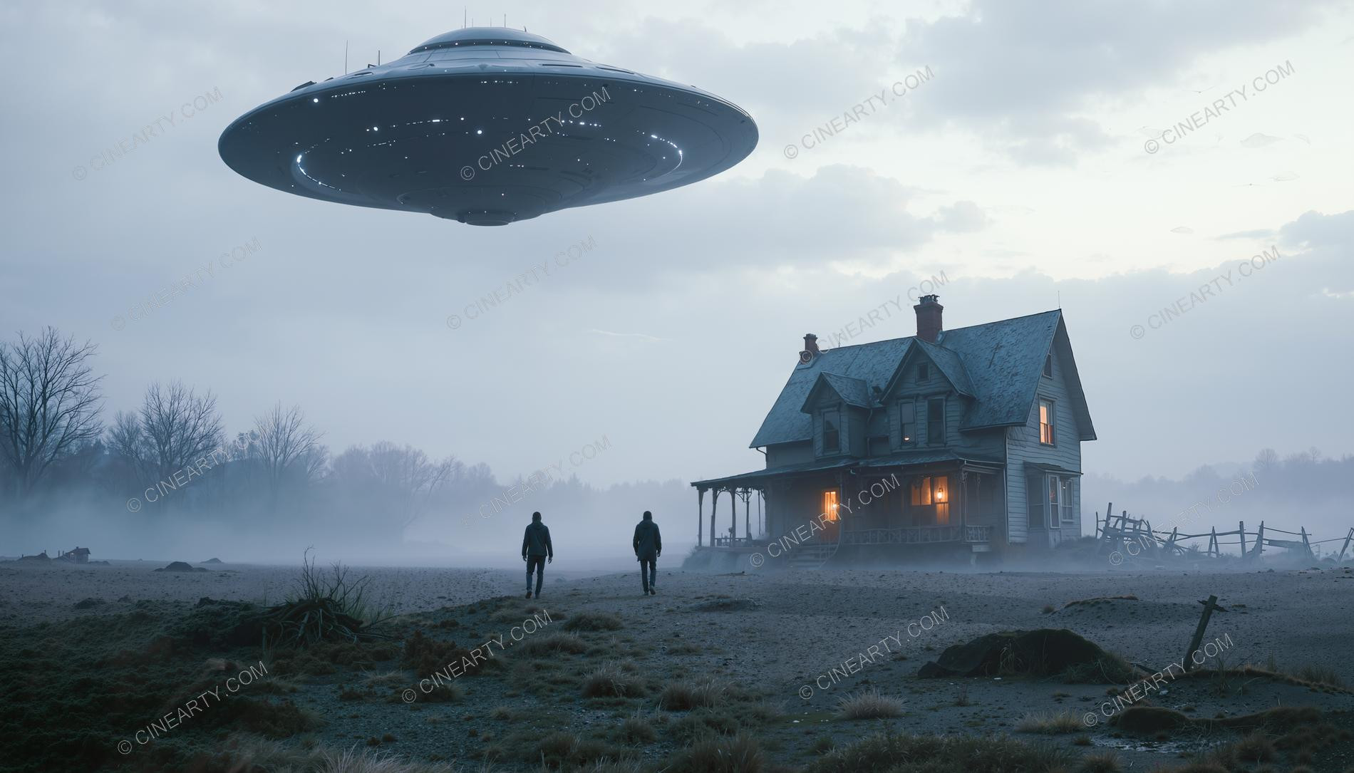 Flying Saucer over a Farmhouse in Mist 50763