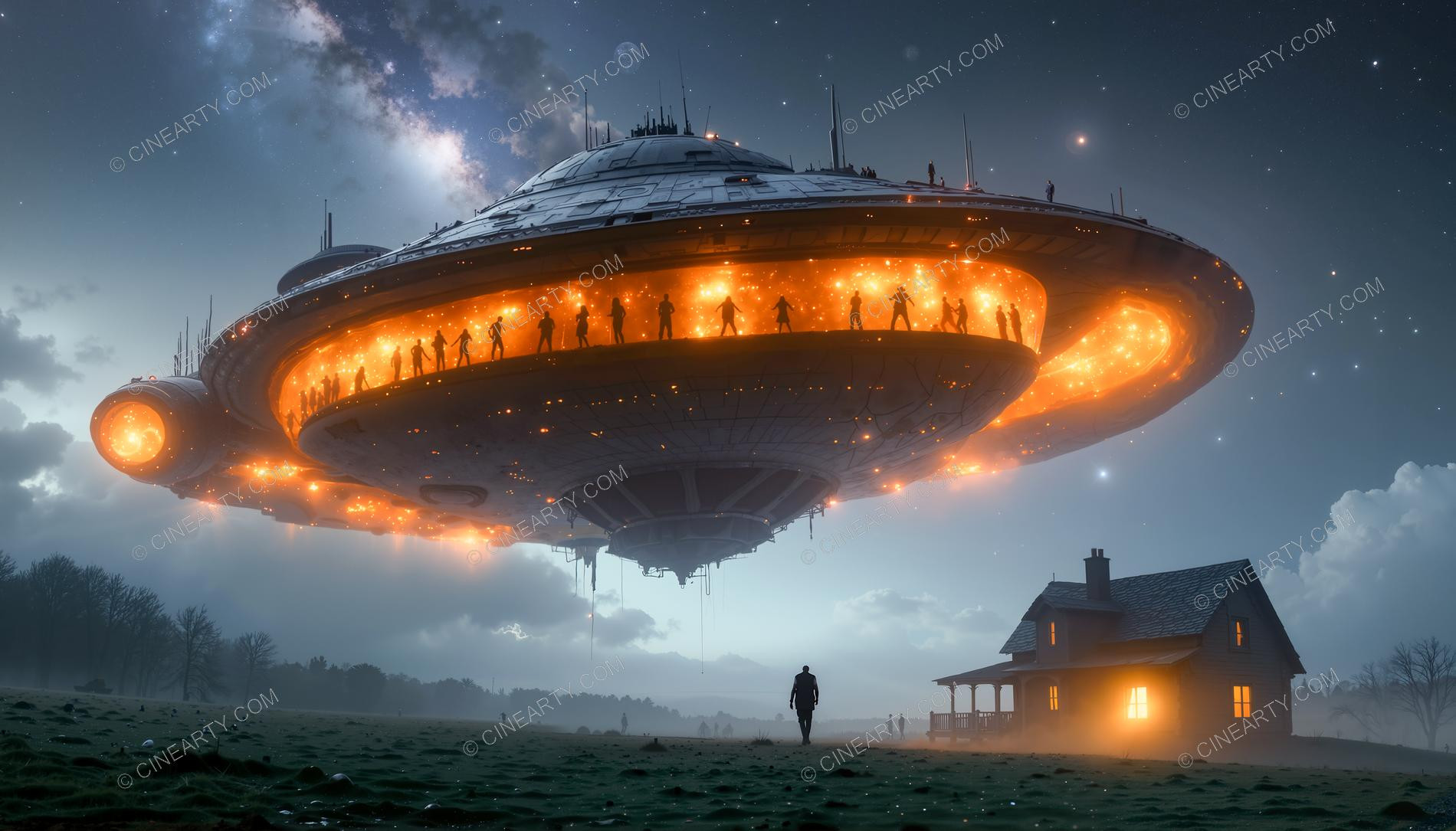 Flying Saucer over a Farmhouse in Mist 22228