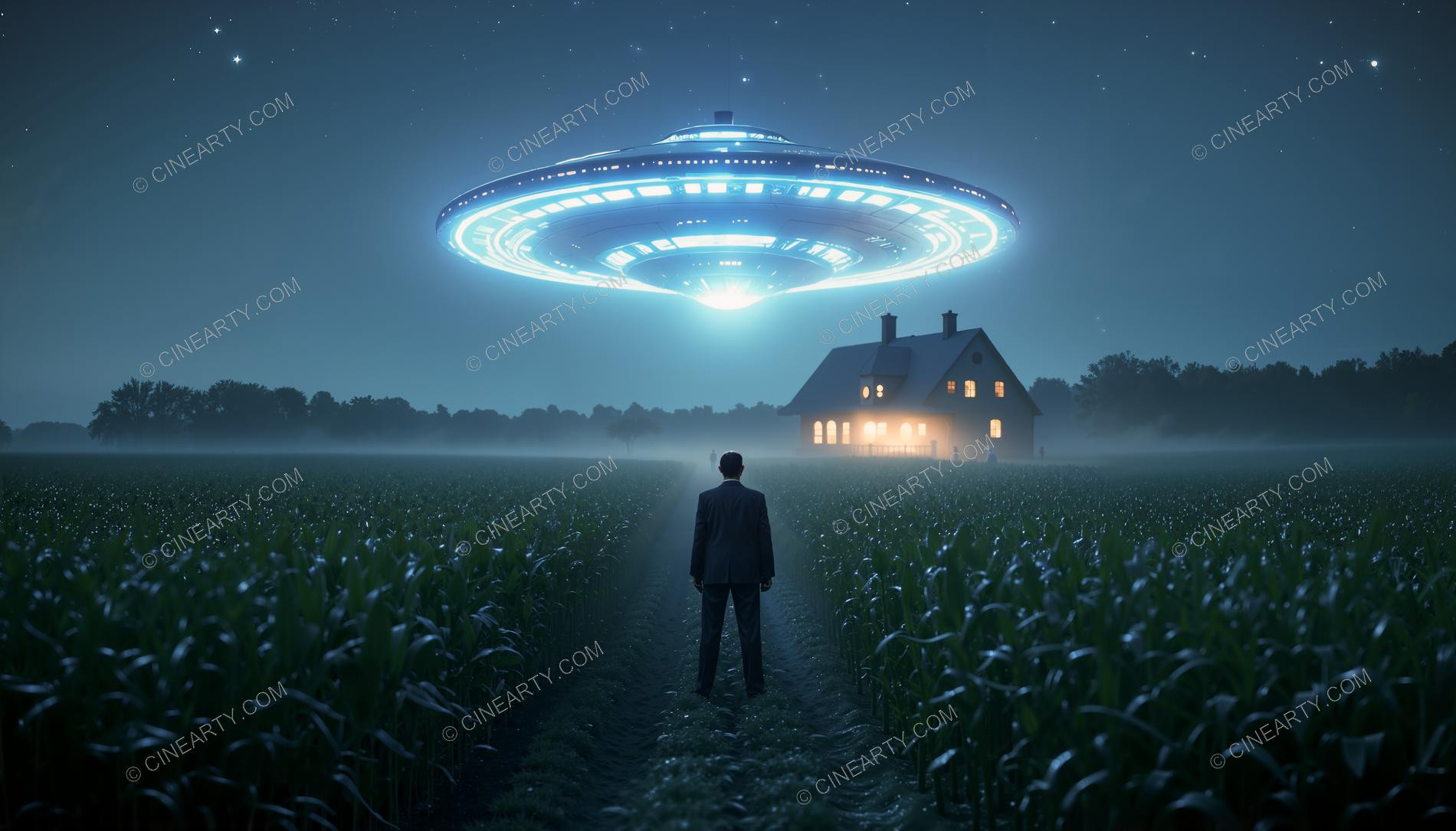 Flying Saucer over a Farmhouse in Mist 81981