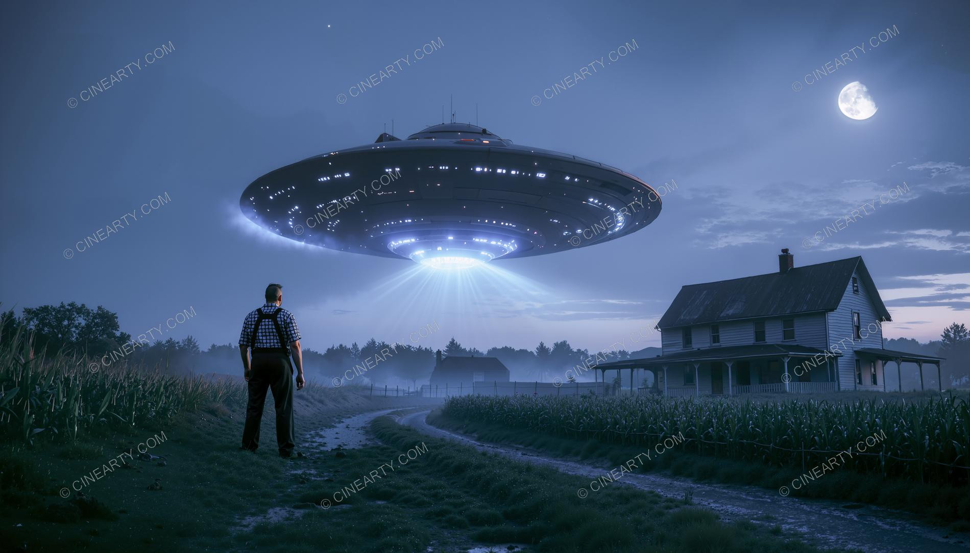 Flying Saucer over a Farmhouse in Mist 19847