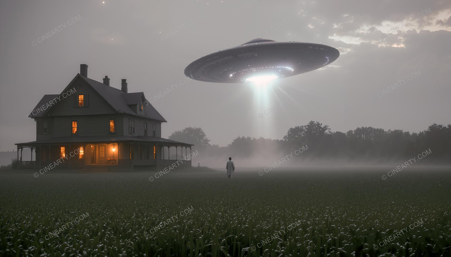 Flying Saucer over a Farmhouse in Mist 41203