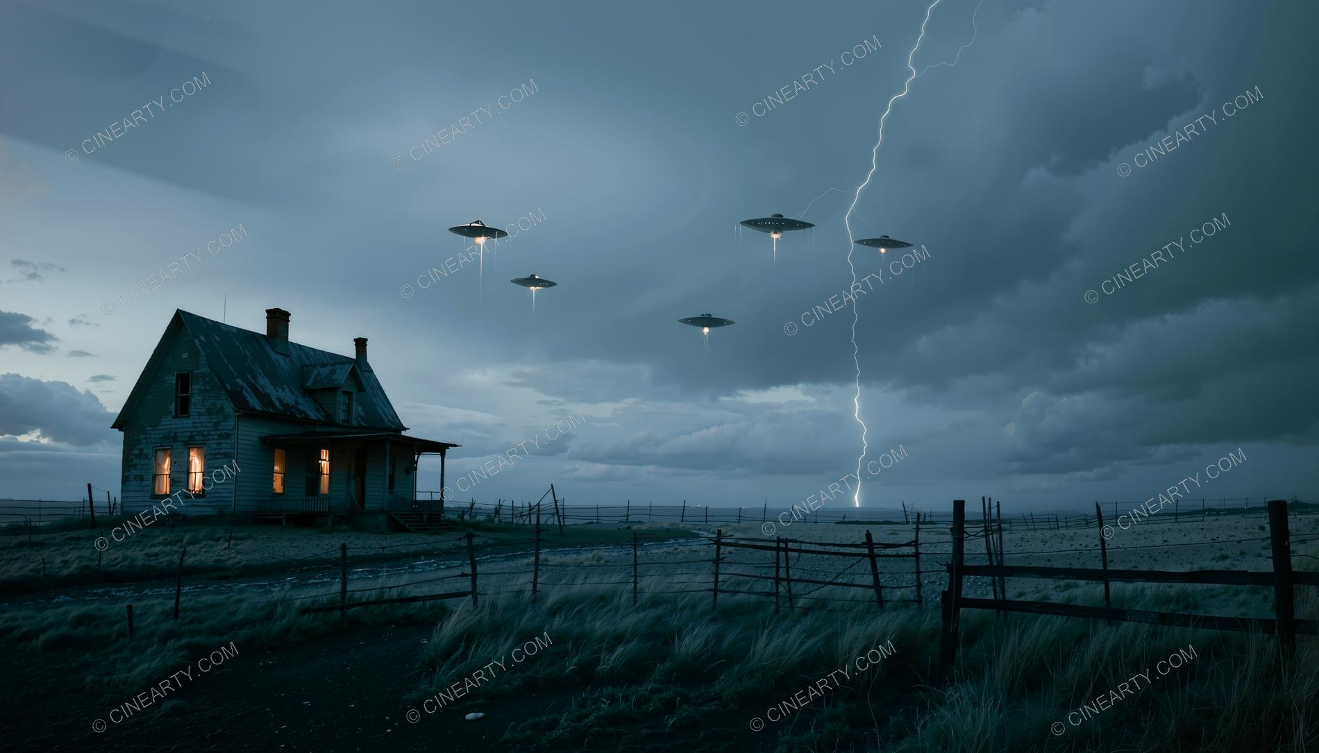 Flying Saucer over a Farmhouse in Mist 24502