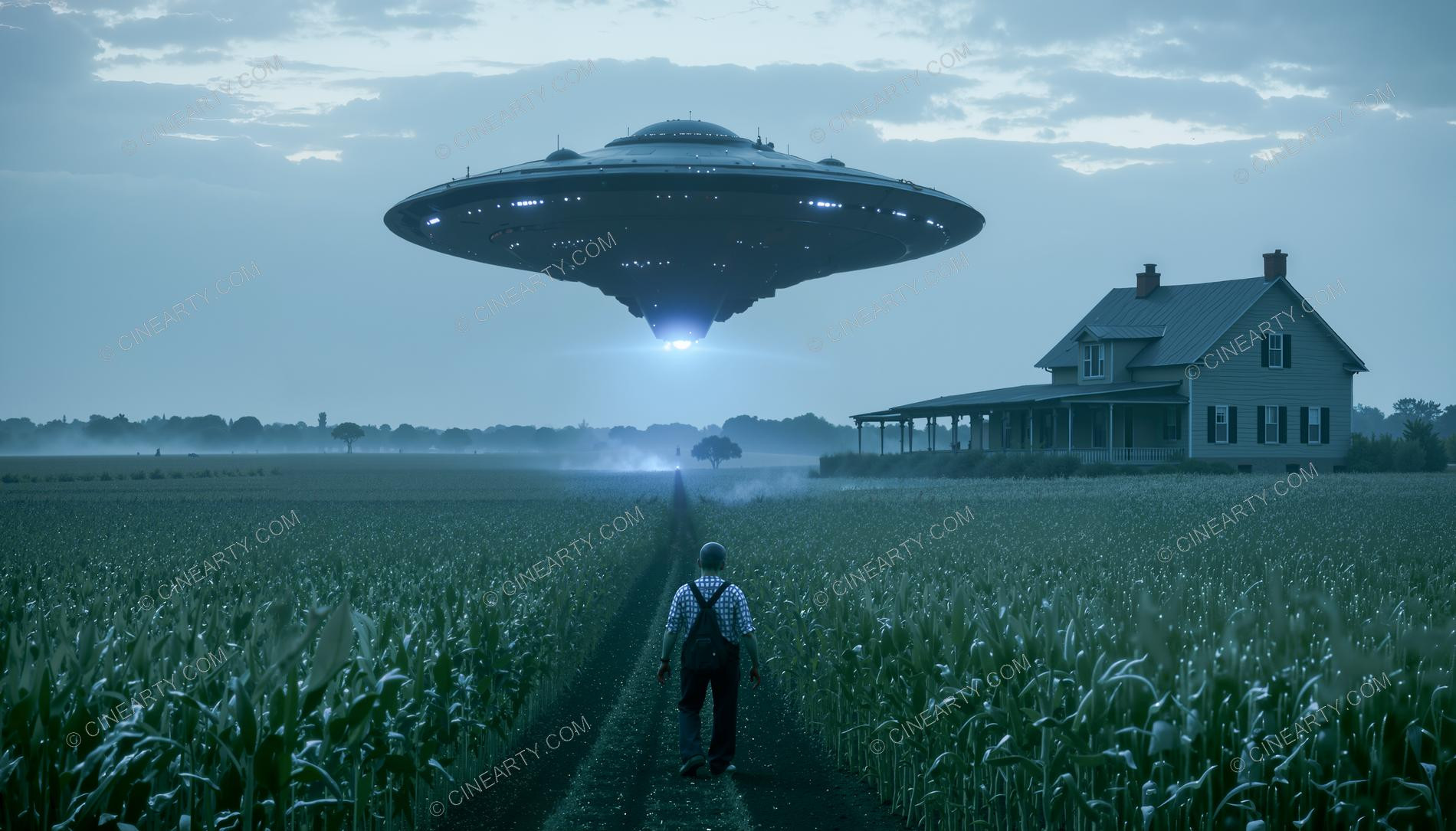 Flying Saucer over a Farmhouse in Mist 95690