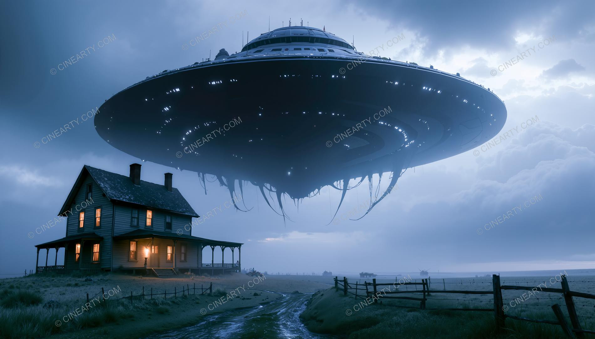 Flying Saucer over a Farmhouse in Mist 96992