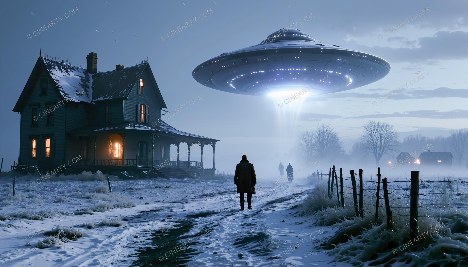 Flying Saucer over a Farmhouse in Mist 84767
