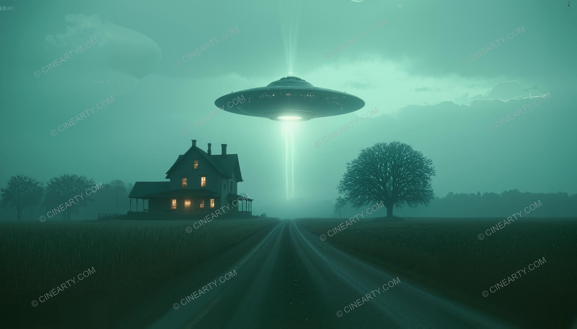 Flying Saucer over a Farmhouse in Mist 18745