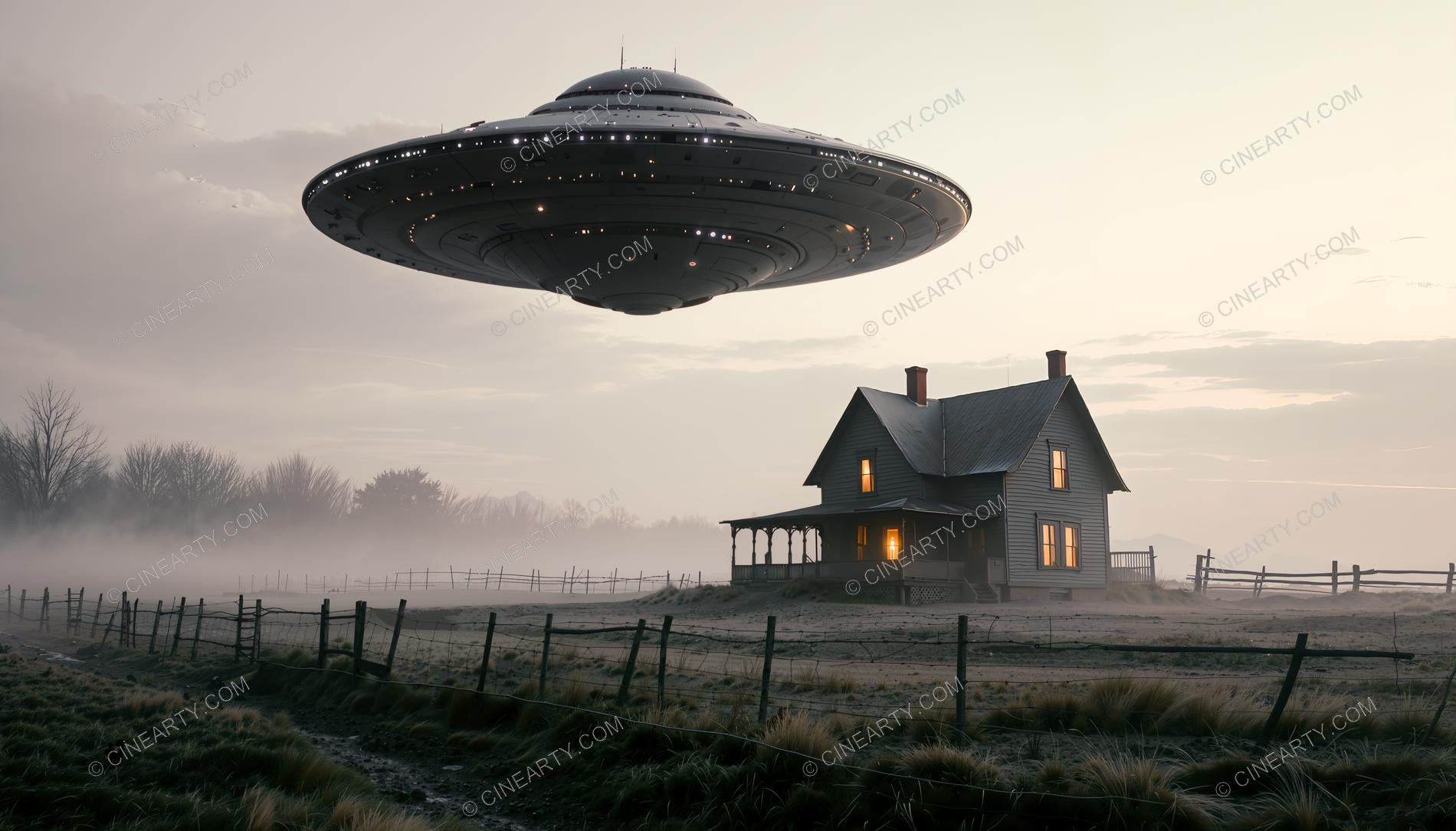 Flying Saucer over a Farmhouse in Mist 07365