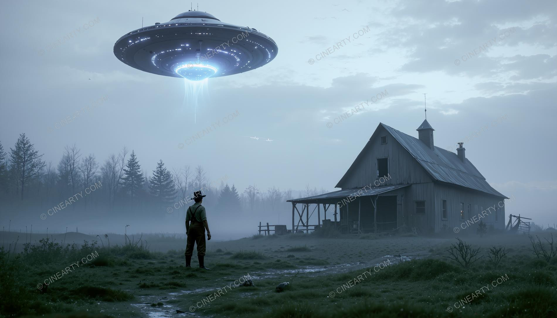 Flying Saucer over a Farmhouse in Mist 44831