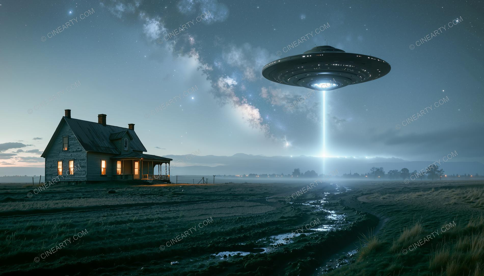 Flying Saucer over a Farmhouse in Mist 23645