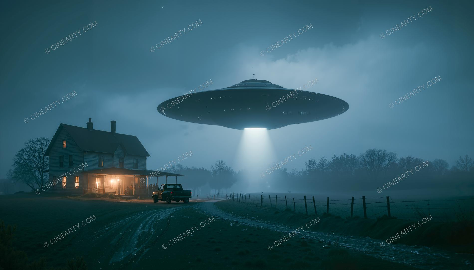 Flying Saucer over a Farmhouse in Mist 38470