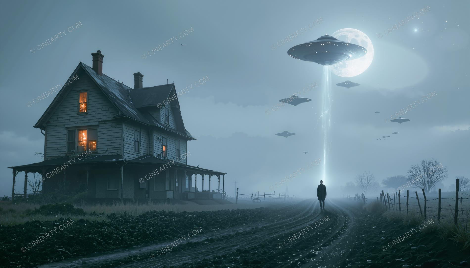 Flying Saucer over a Farmhouse in Mist 94532