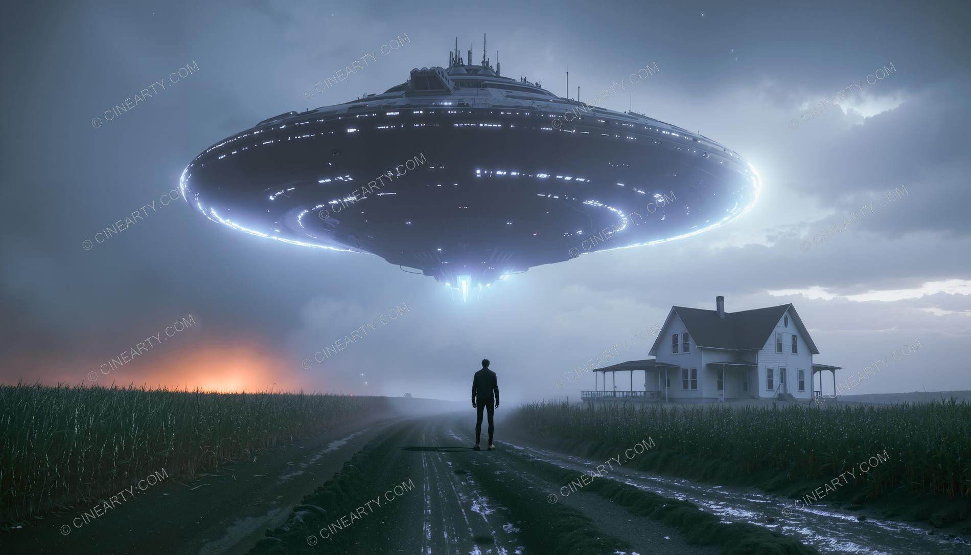 Flying Saucer over a Farmhouse in Mist 08884
