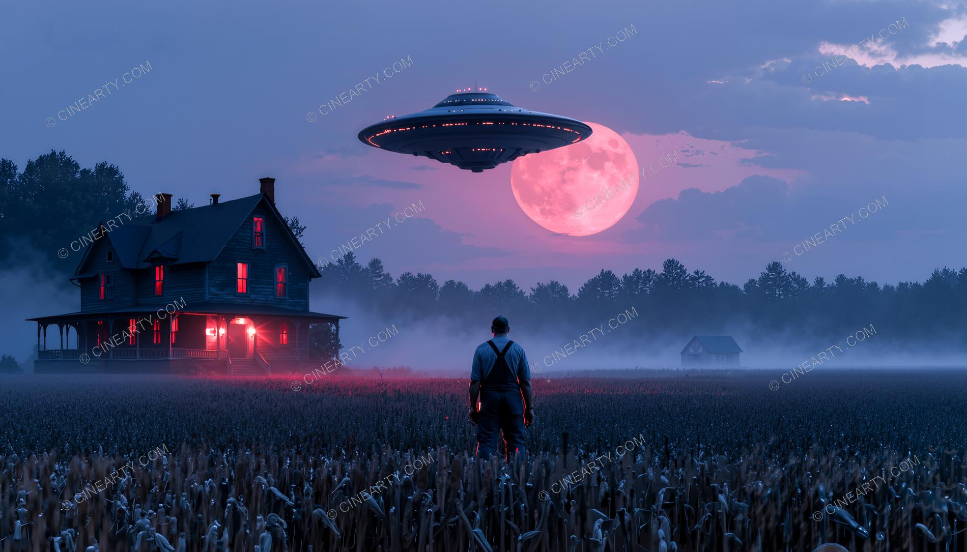Flying Saucer over a Farmhouse in Mist 14994