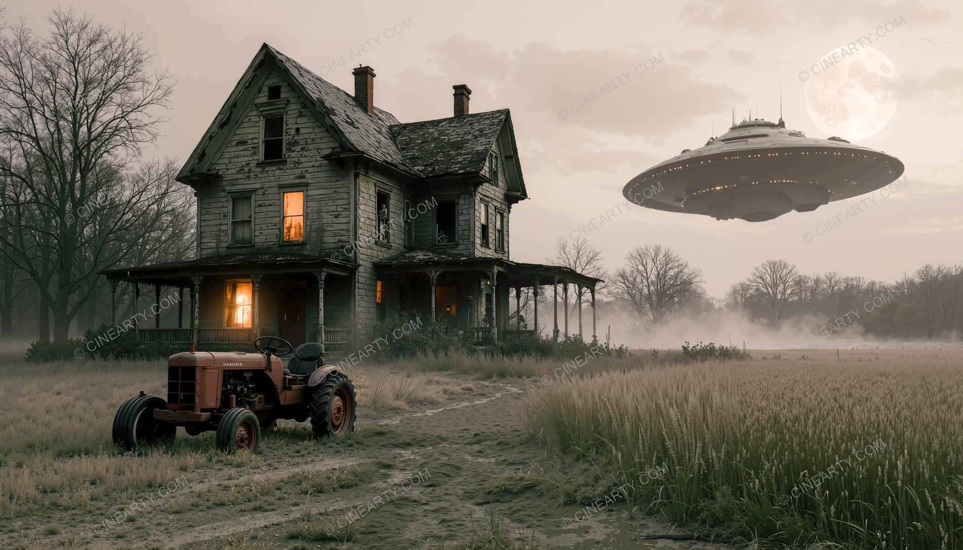 Flying Saucer over a Farmhouse in Mist 65322