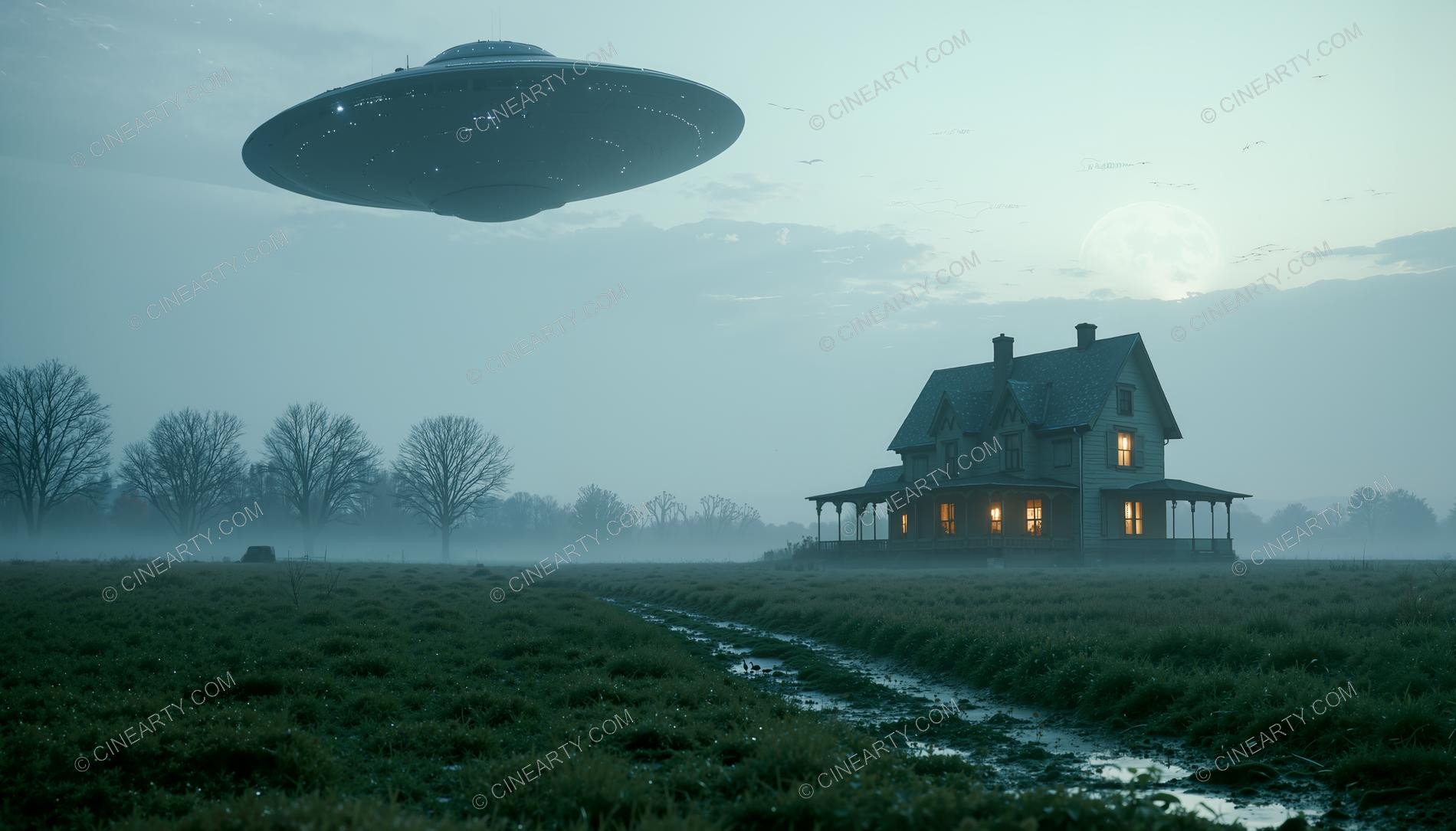 Flying Saucer over a Farmhouse in Mist 26193