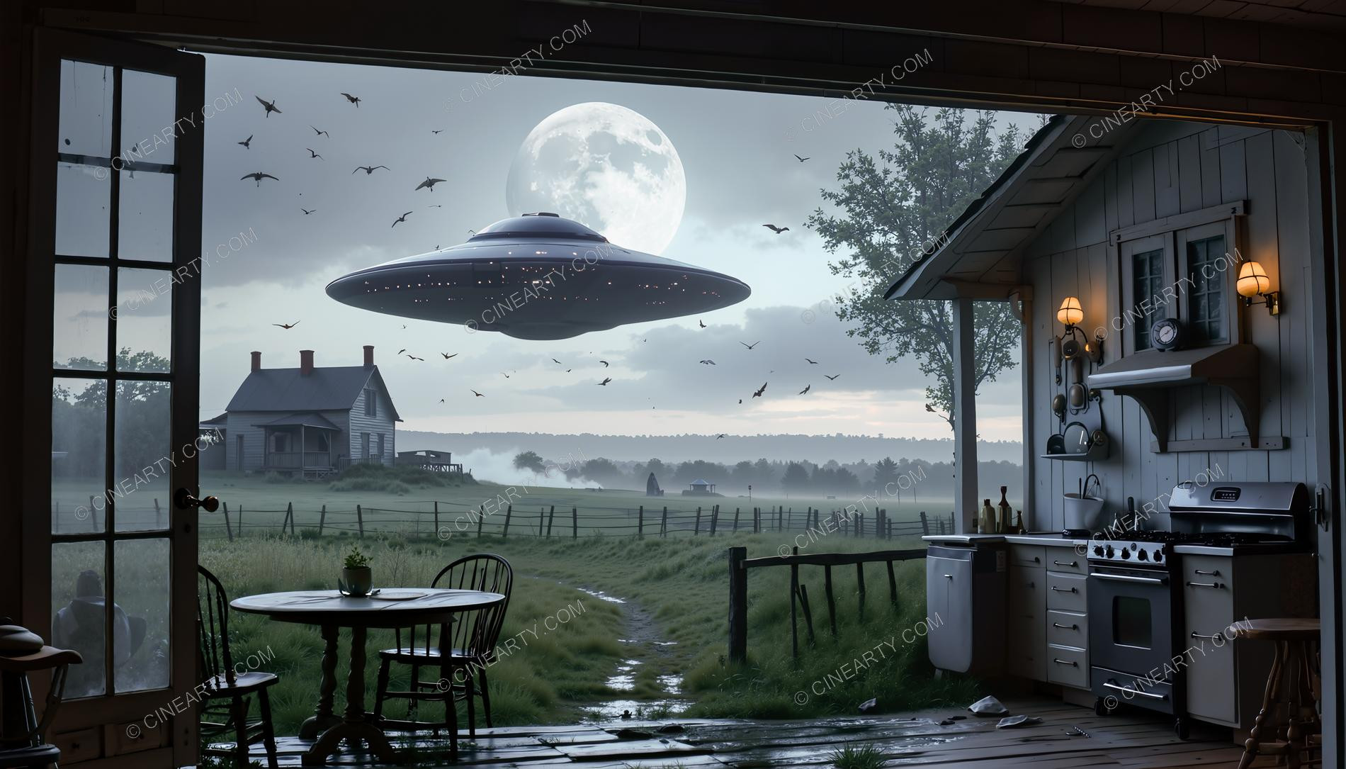 Flying Saucer over a Farmhouse in Mist 37332