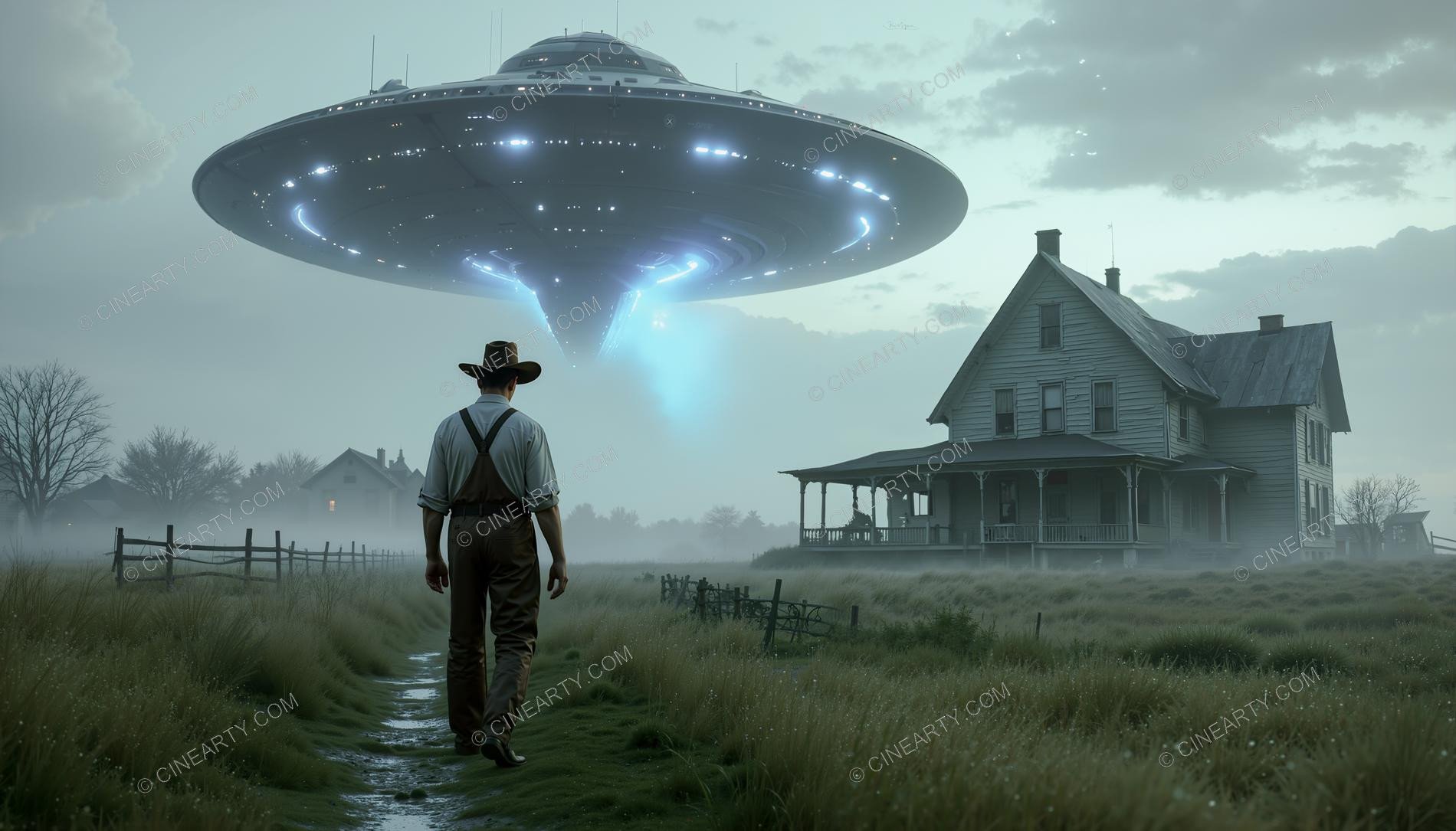Flying Saucer over a Farmhouse in Mist 47542