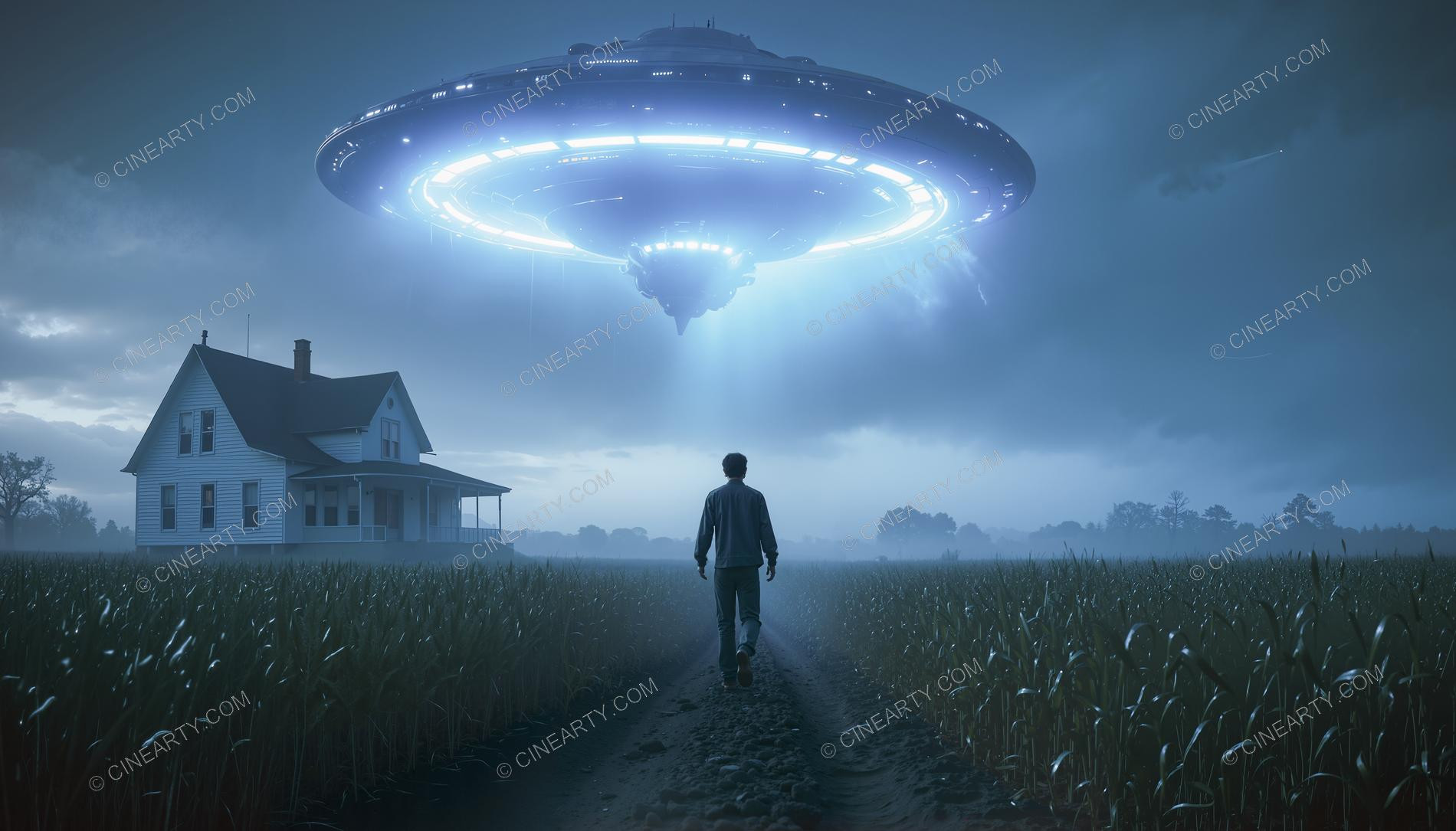 Flying Saucer over a Farmhouse in Mist 07151