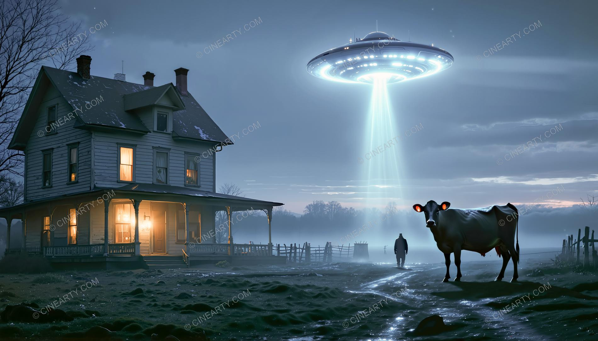 Flying Saucer over a Farmhouse in Mist 13767
