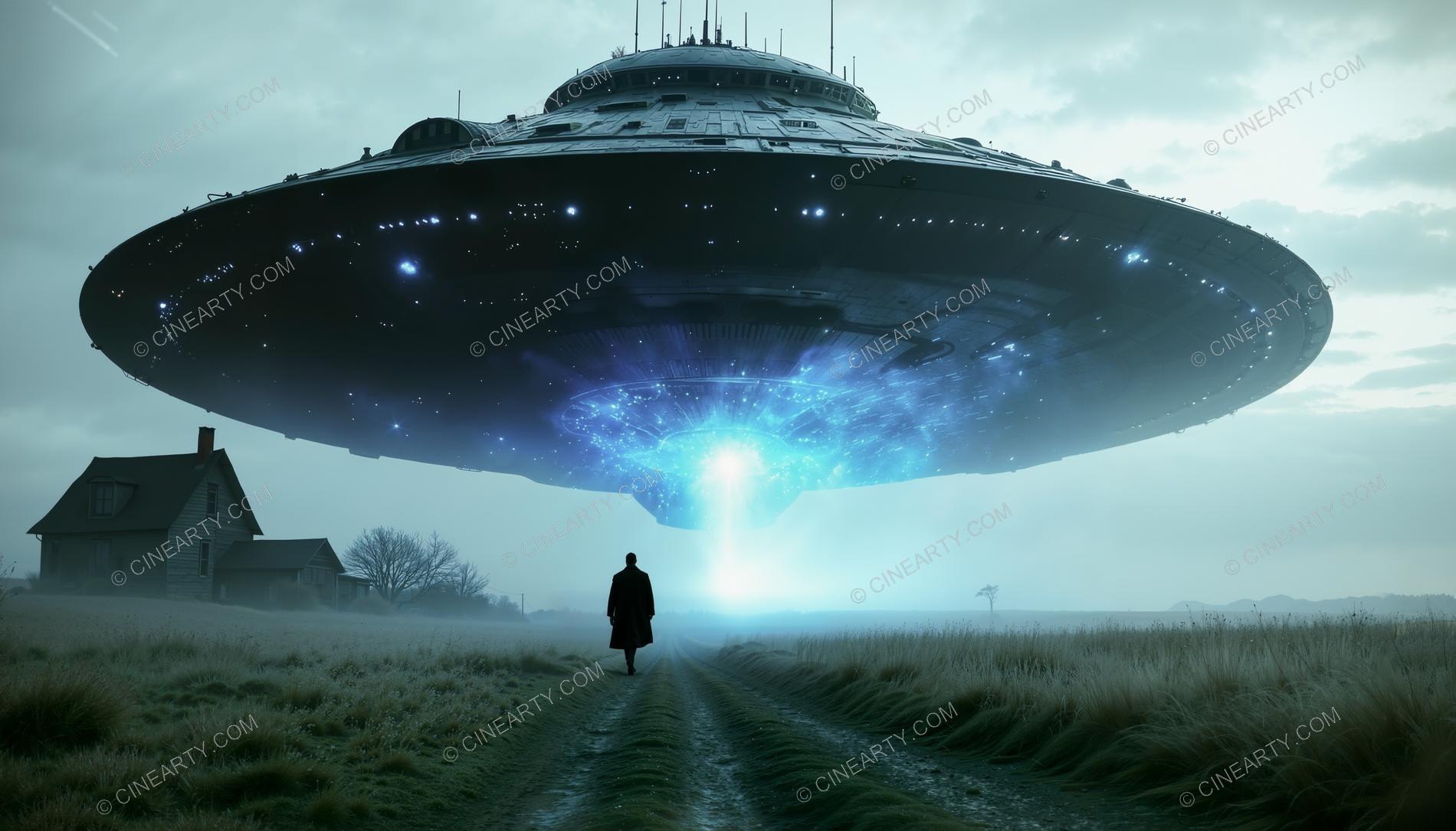 Flying Saucer over a Farmhouse in Mist 41990