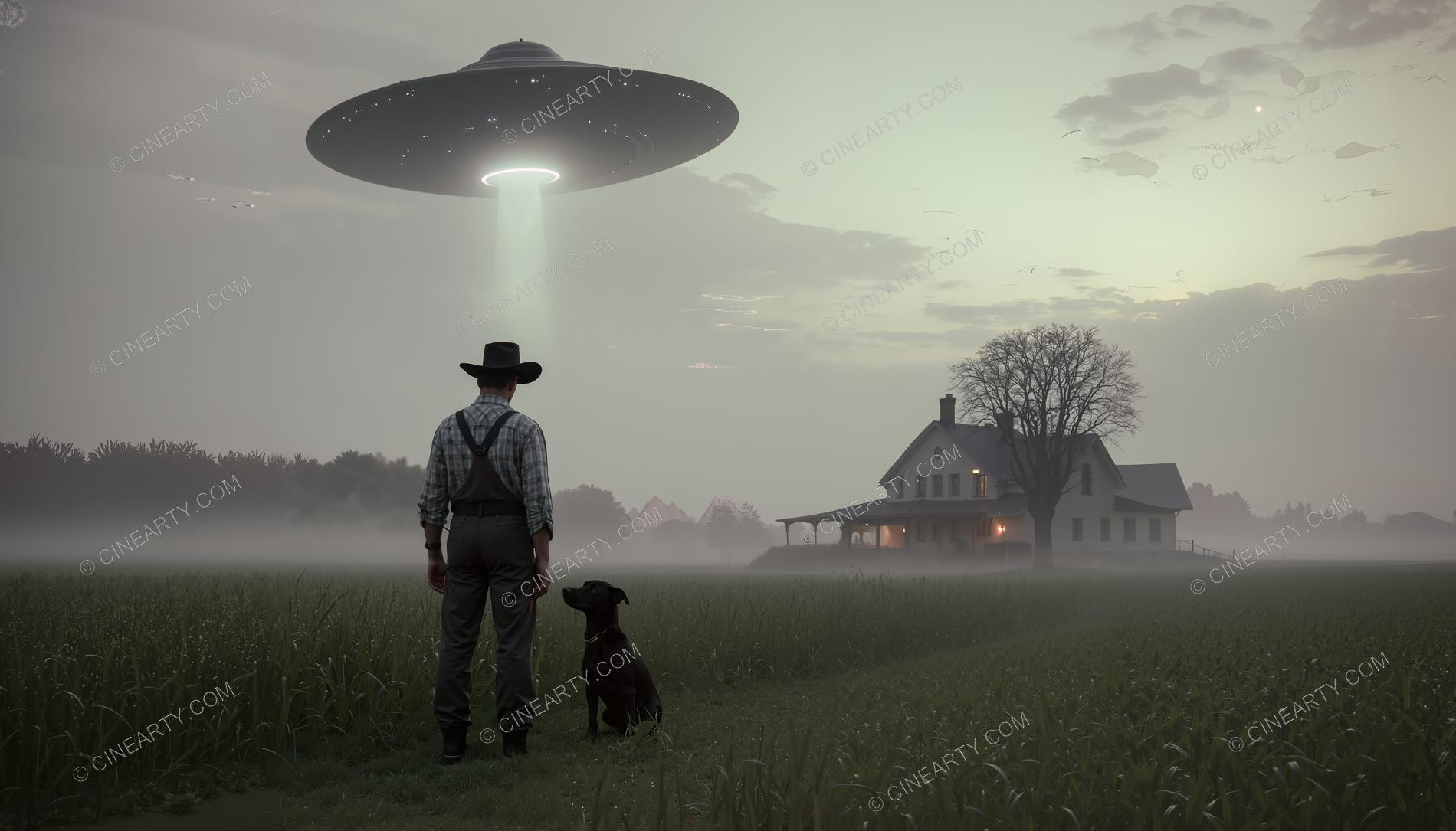 Flying Saucer over a Farmhouse in Mist 02310
